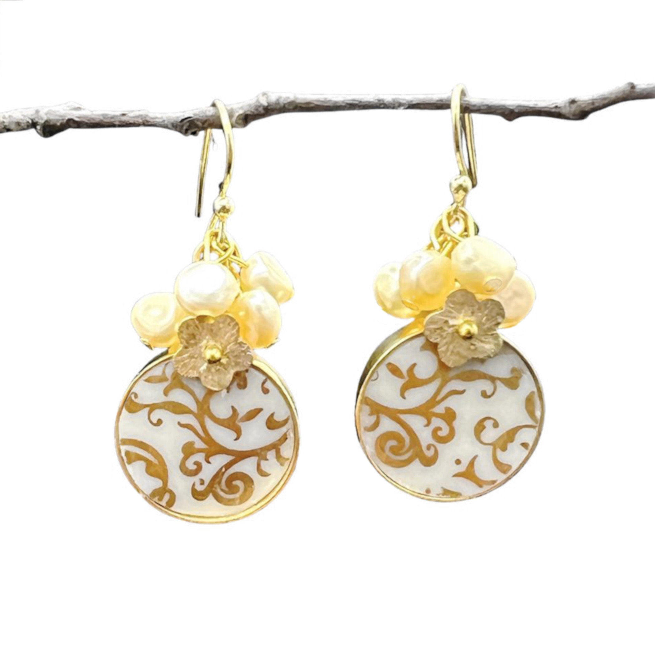 Vintage Damask China Earrings handmade with Tiny Gold Flowers & Upcycled Porcelain