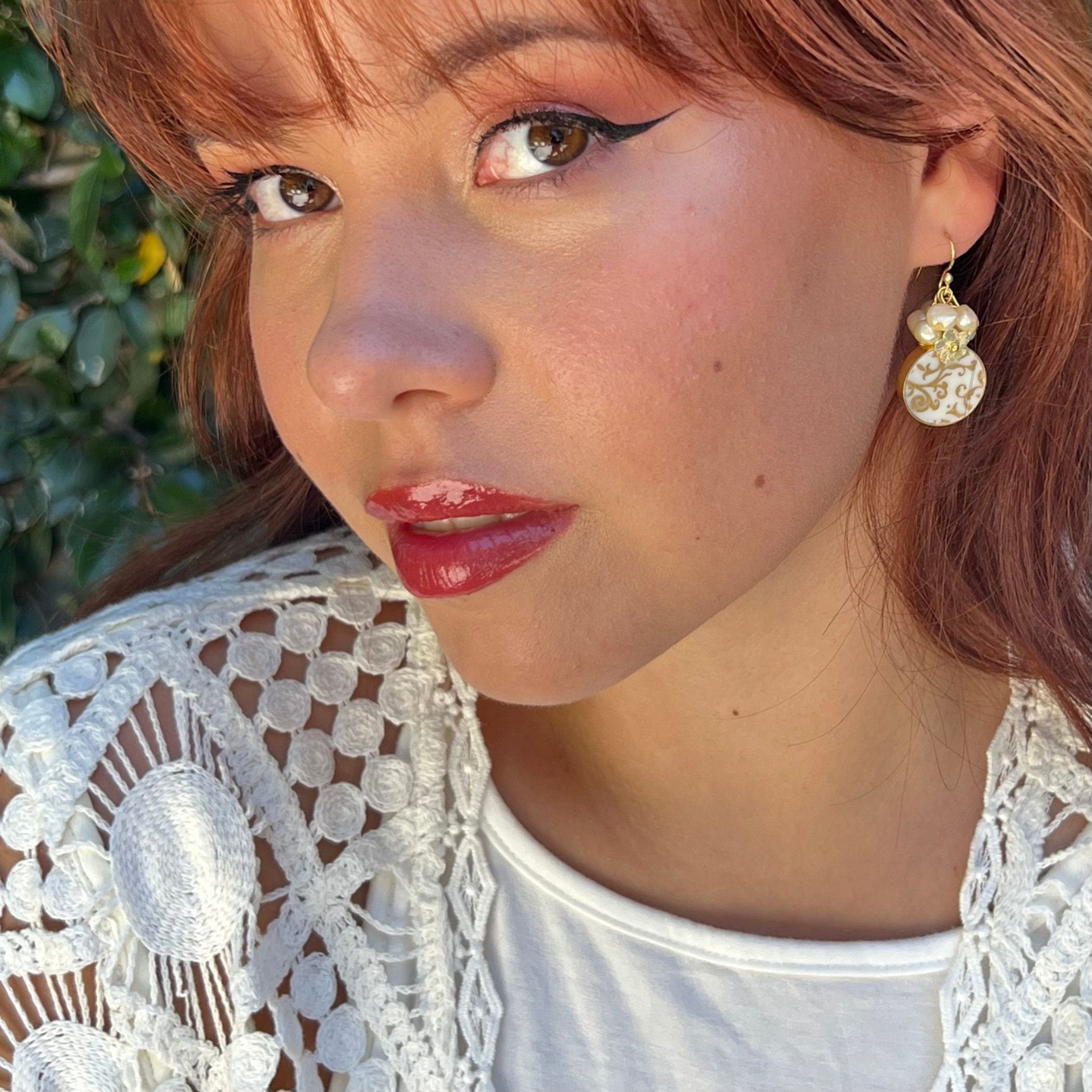 Vintage Damask China Earrings handmade with Tiny Gold Flowers & Upcycled Porcelain