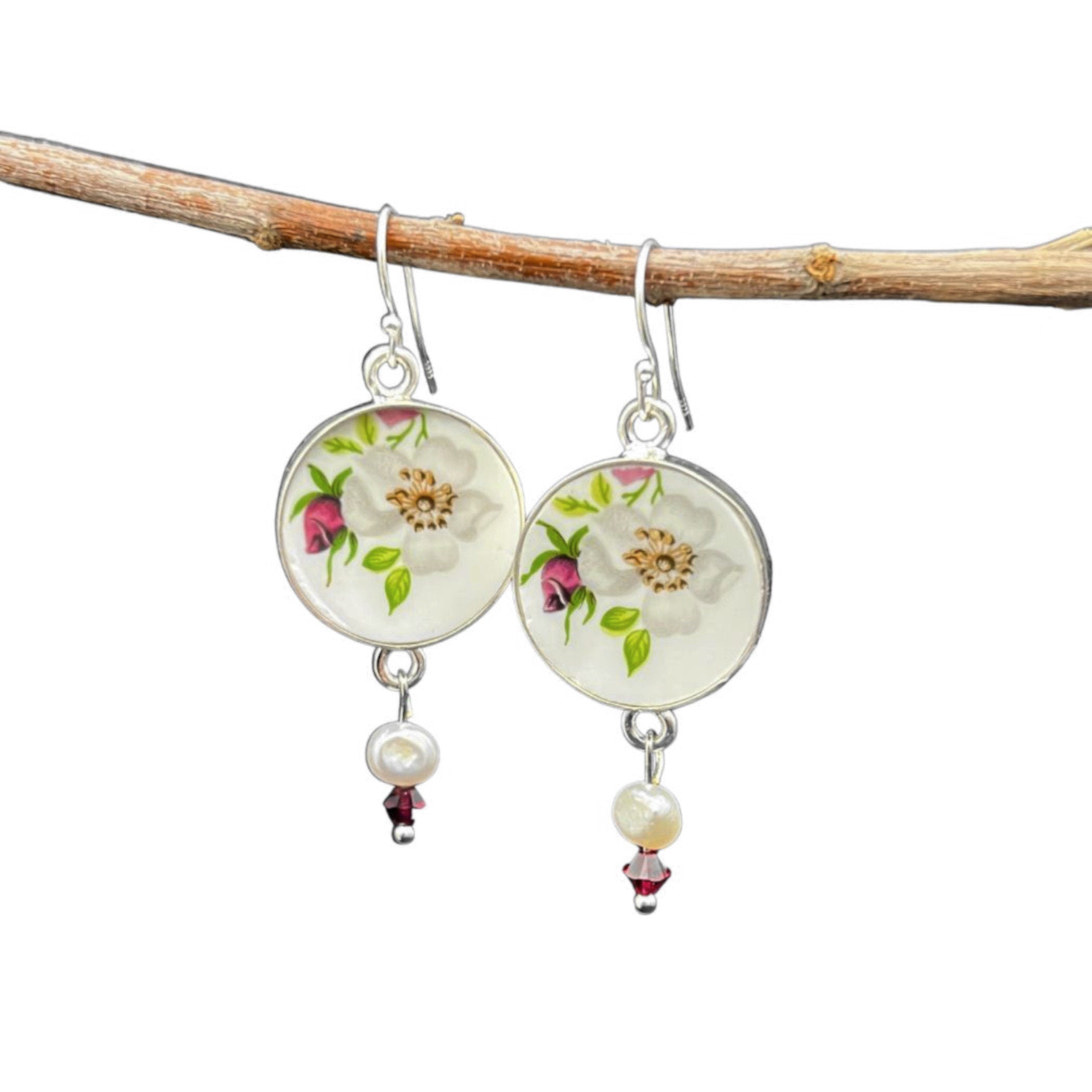 Broken China Jewelry Earrings handmade with English Cottage Rose China