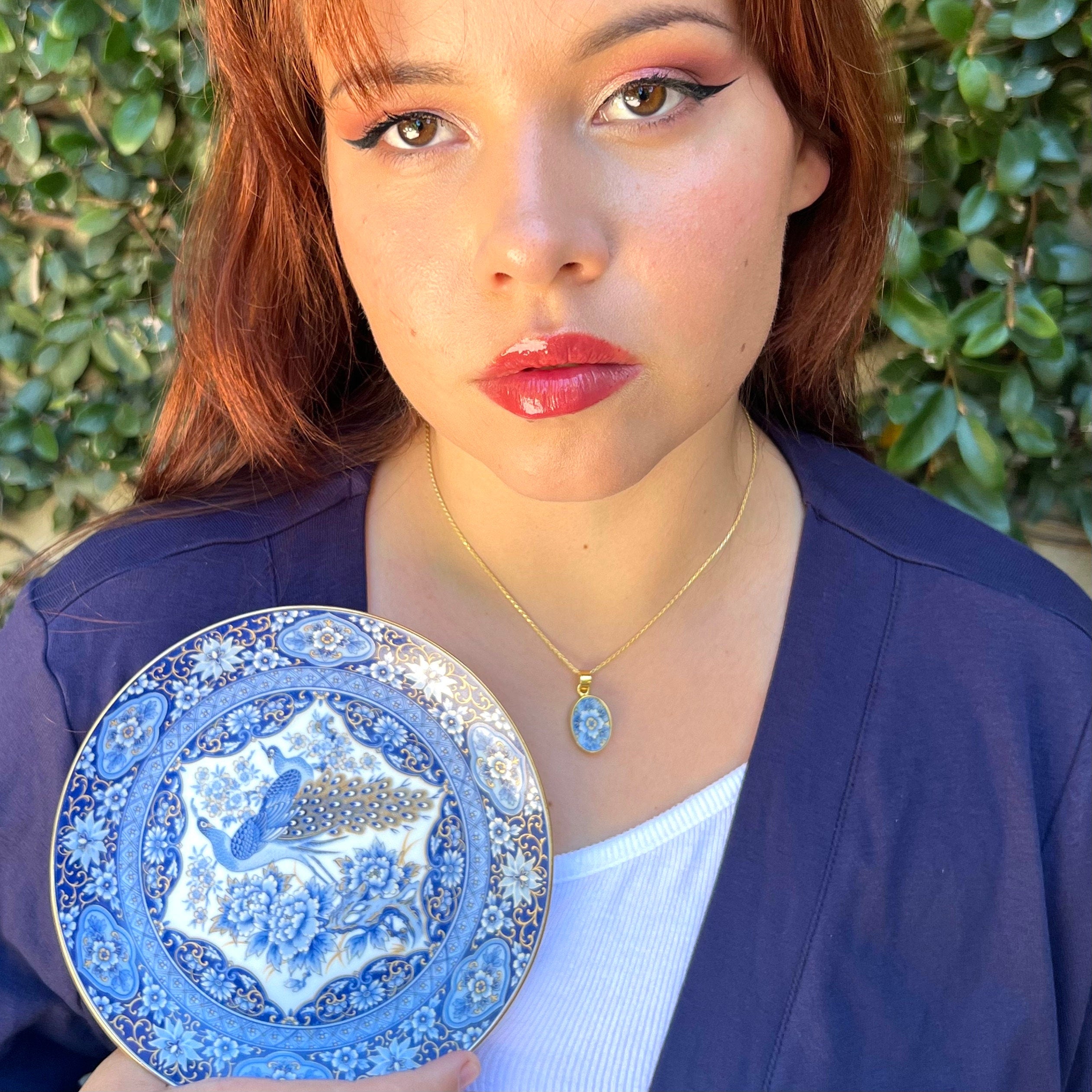 Intricate Dainty Blue Floral China Necklace with Jamestown Peacock China Pendant