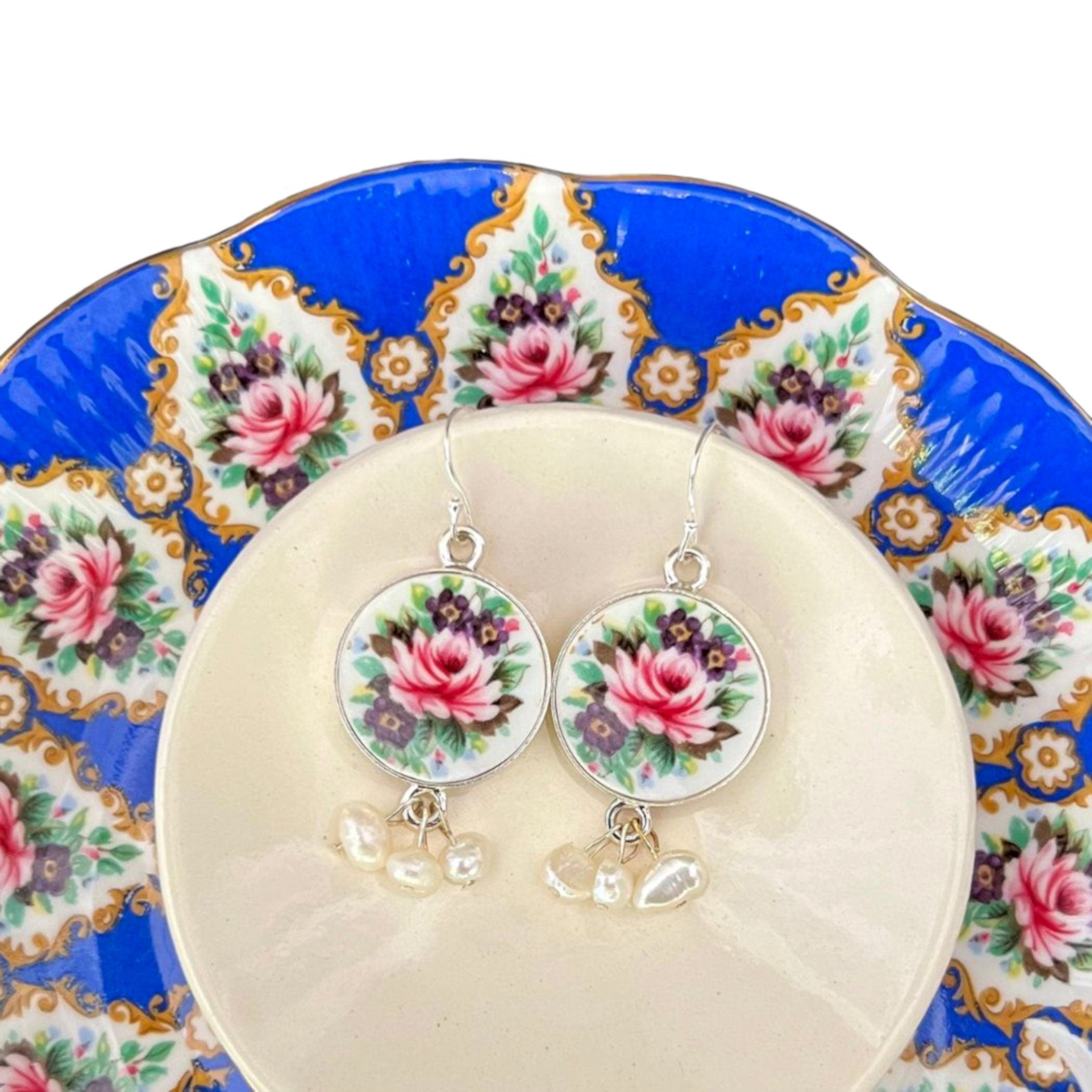 Vintage Royal Albert Rose China Dangle Earrings with Fine Pearl Clusters