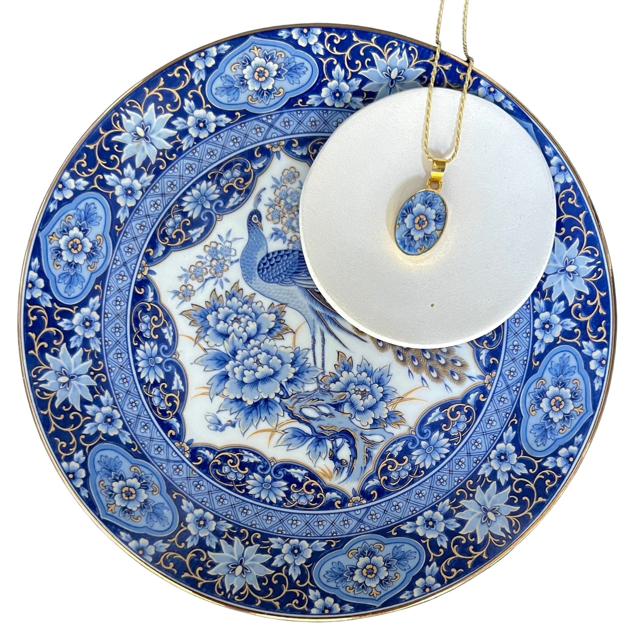 Intricate Dainty Blue Floral China Necklace with Jamestown Peacock China Pendant