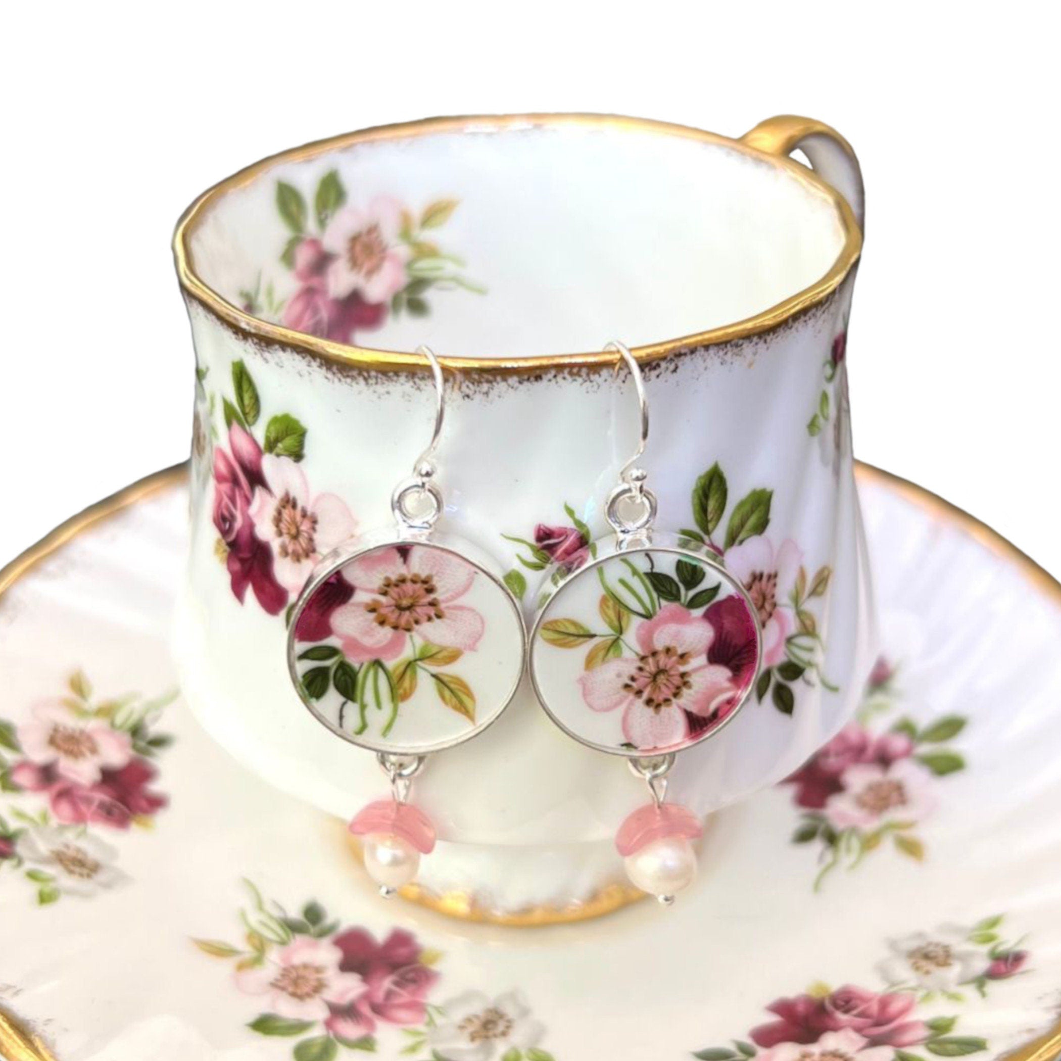 Dainty Rose Broken China Jewelry with Fine Bone China Tea Cup and Saucer