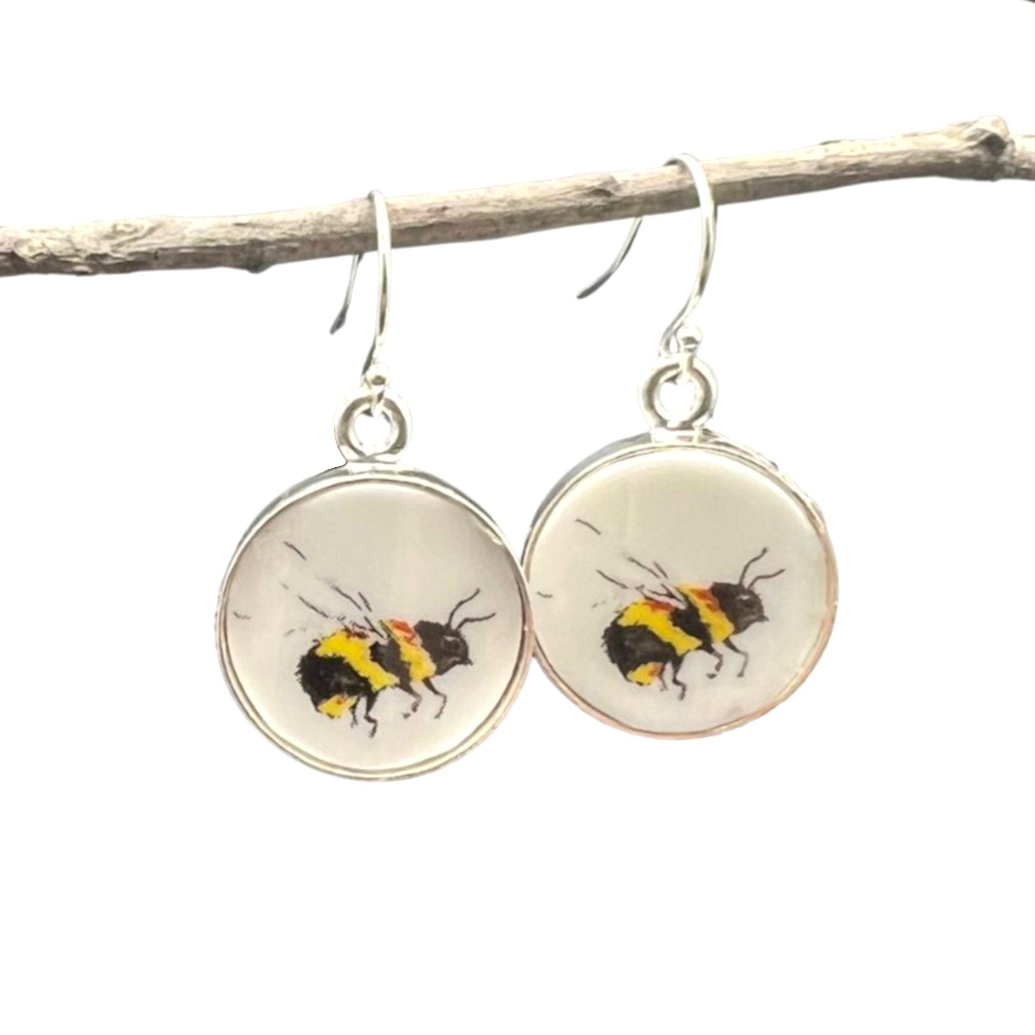 Sweet Honey Bee China Earrings with Mismatched Repurposed China & Sterling Silver