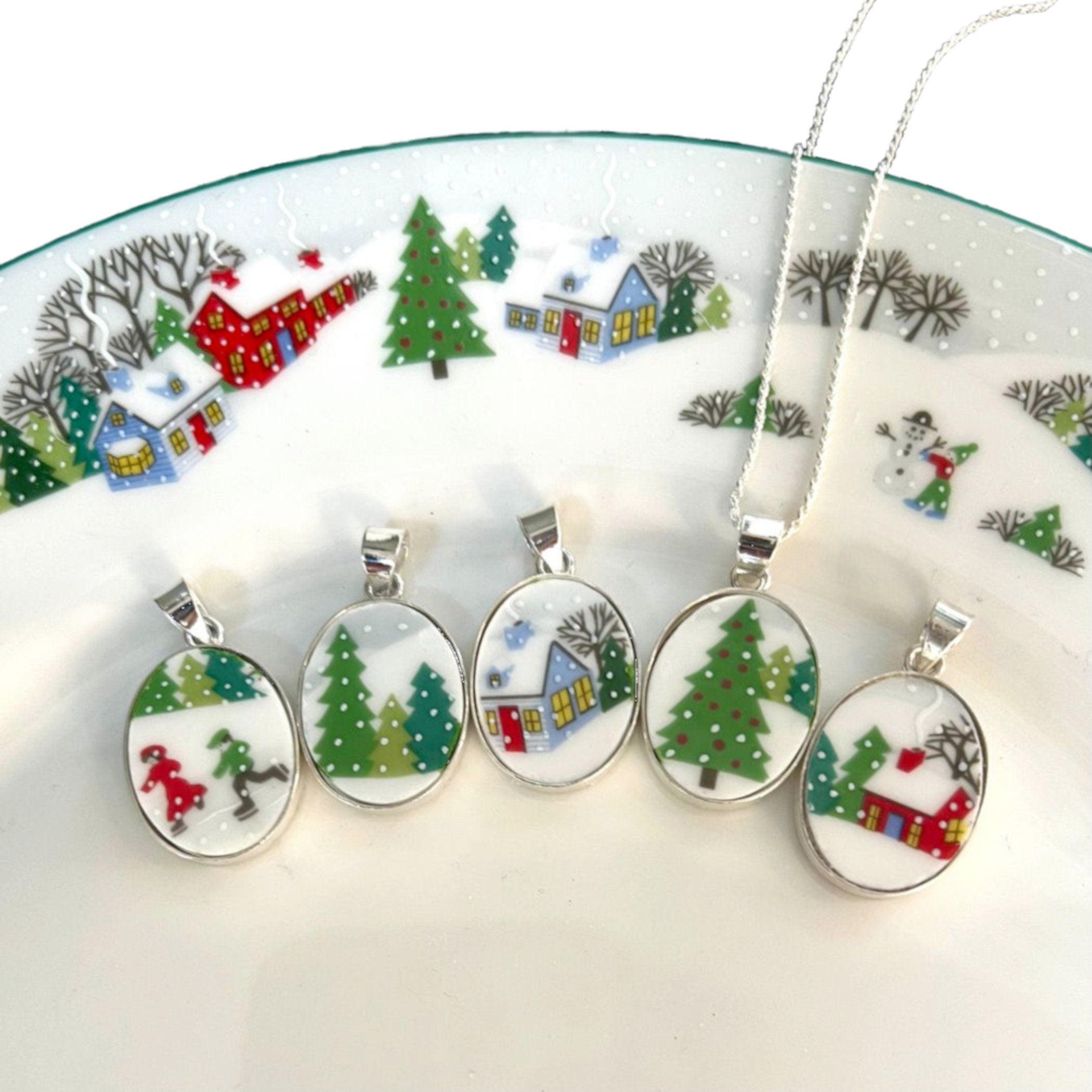 Christmas Broken China Jewelry Necklaces handmade with Upcycled Lenox Sleighride China, Unique Lenox Holiday China Pendant Gifts for Women