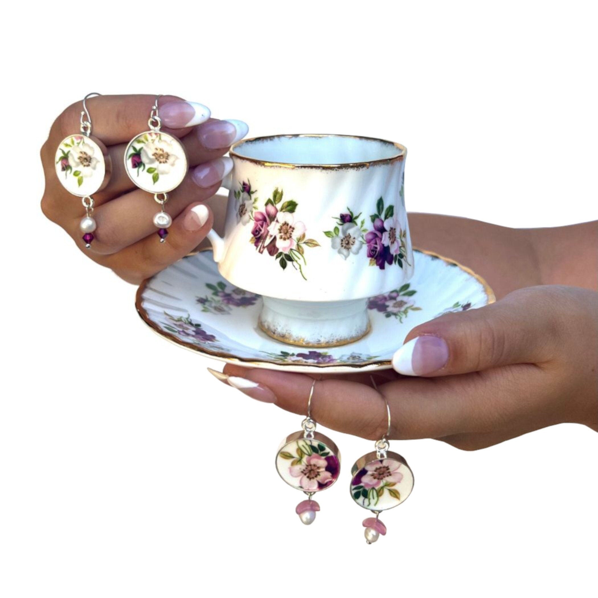 Dainty Rose Broken China Jewelry with Fine Bone China Tea Cup and Saucer