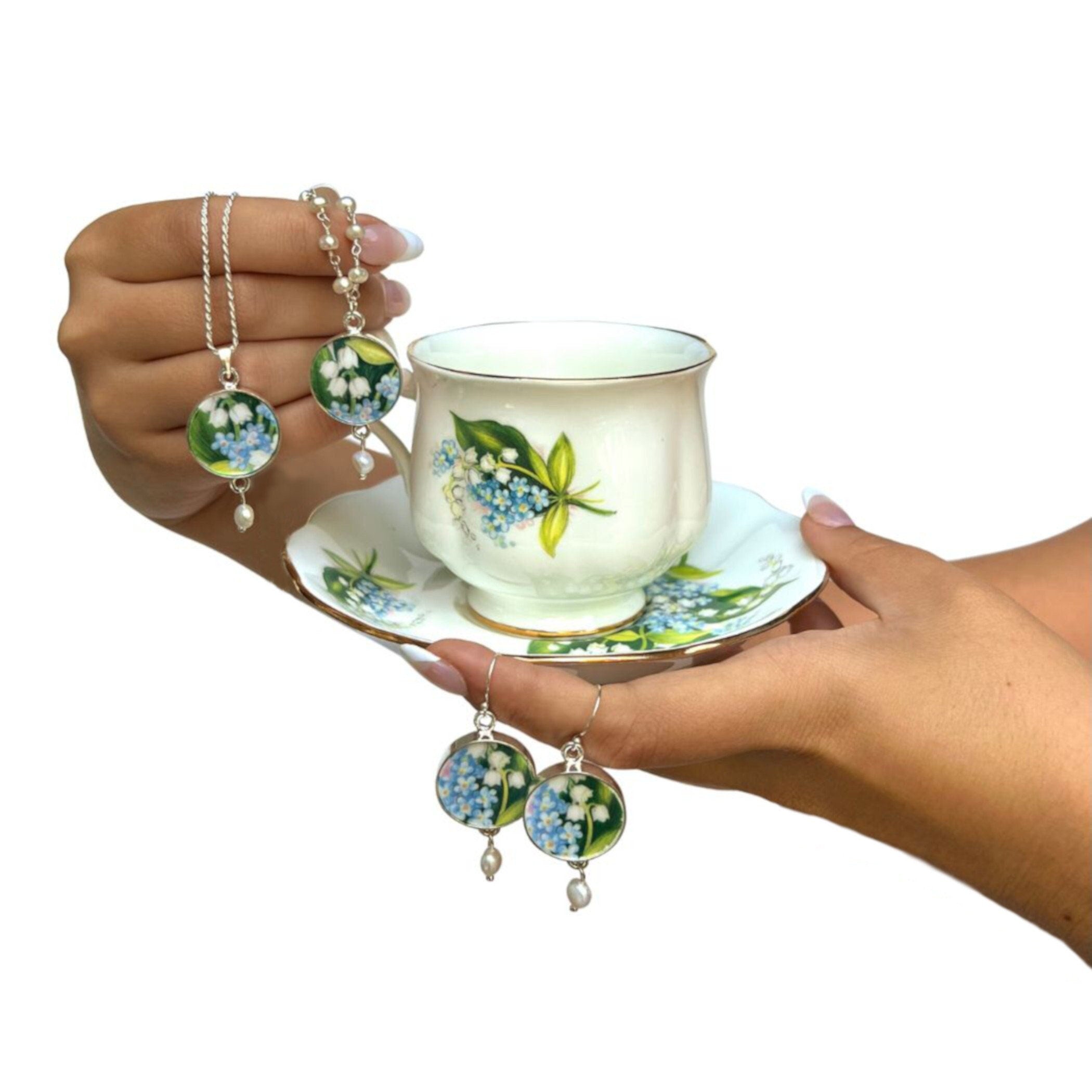 Royal Albert Lily of the Valley & Forget Me Not Tea Set for One and Broken China Jewelry