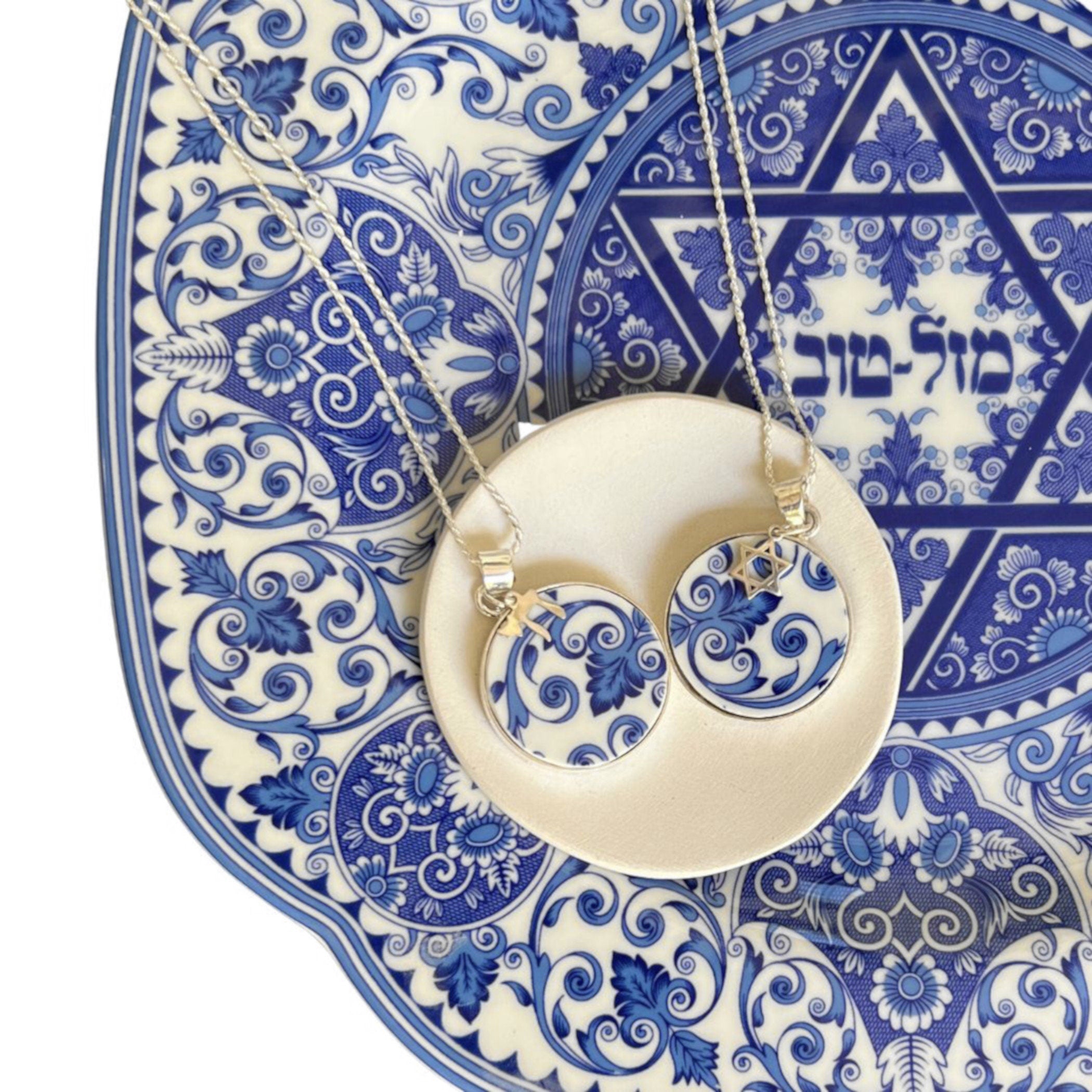 Jewish Star of David & Chai Necklaces handmade with Spode Mazel Tov China