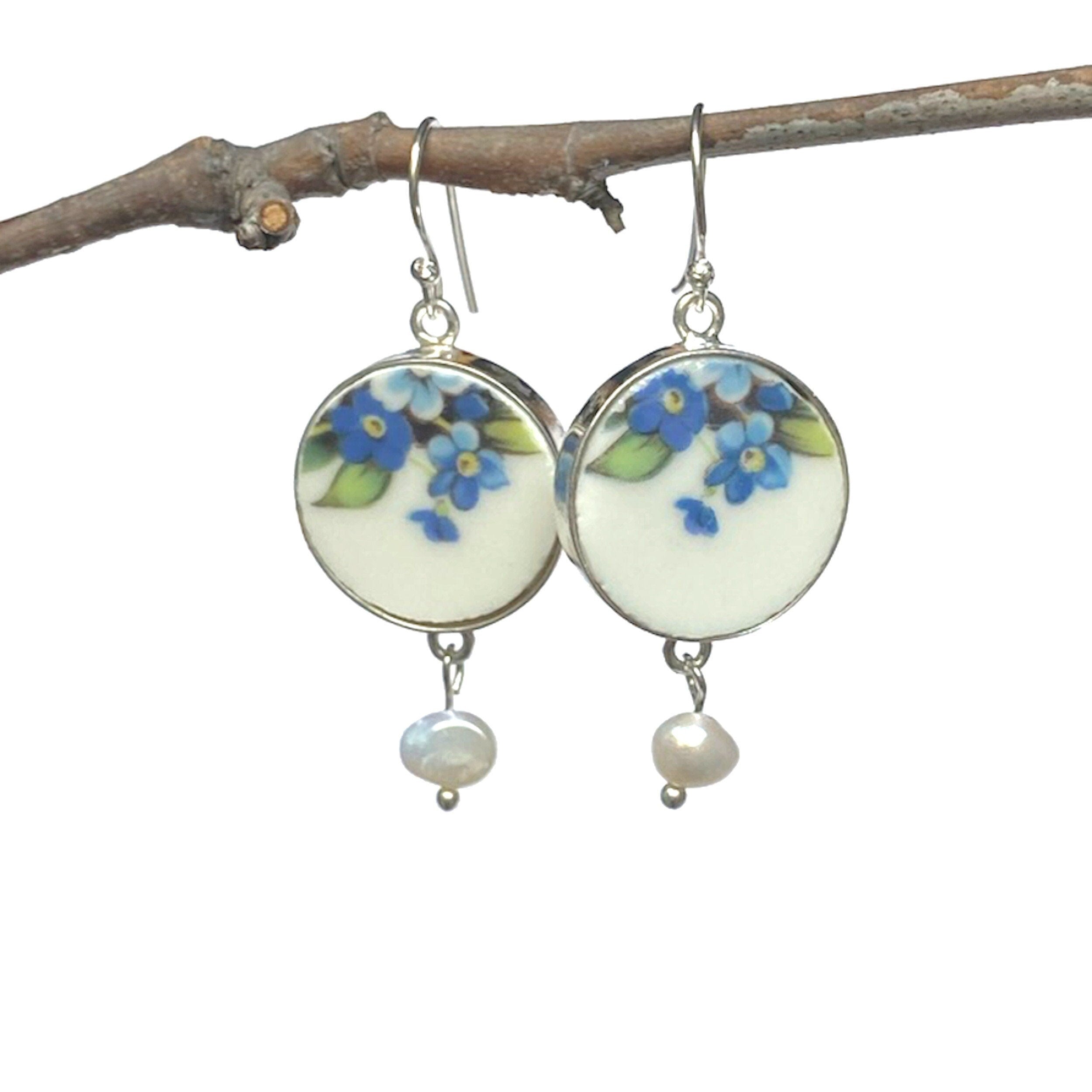 Dainty Forget Me Not Flower Broken China Jewelry Earrings handmade with Upcycled Porcelain, Romantic 9th 18th 20th Anniversary Gift for Wife