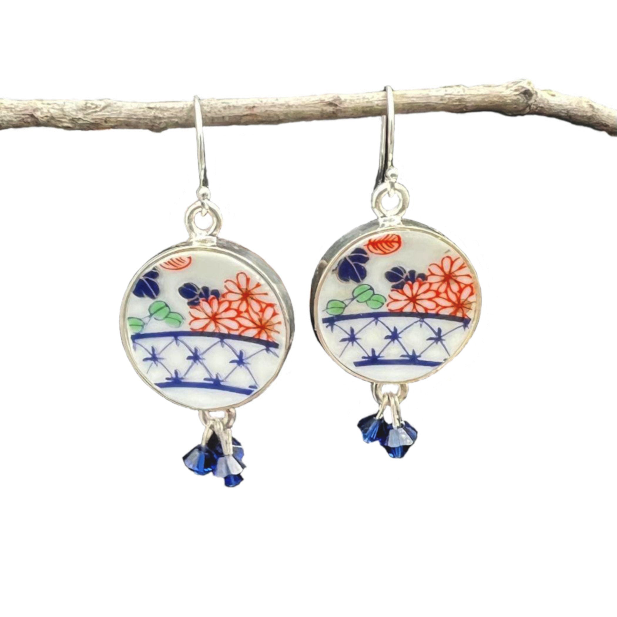 Upcycled Porcelain Earrings handmade with Vintage Japanese Imari China & Sterling Silver, Unique Asian Inspired China Jewelry Gift for Her