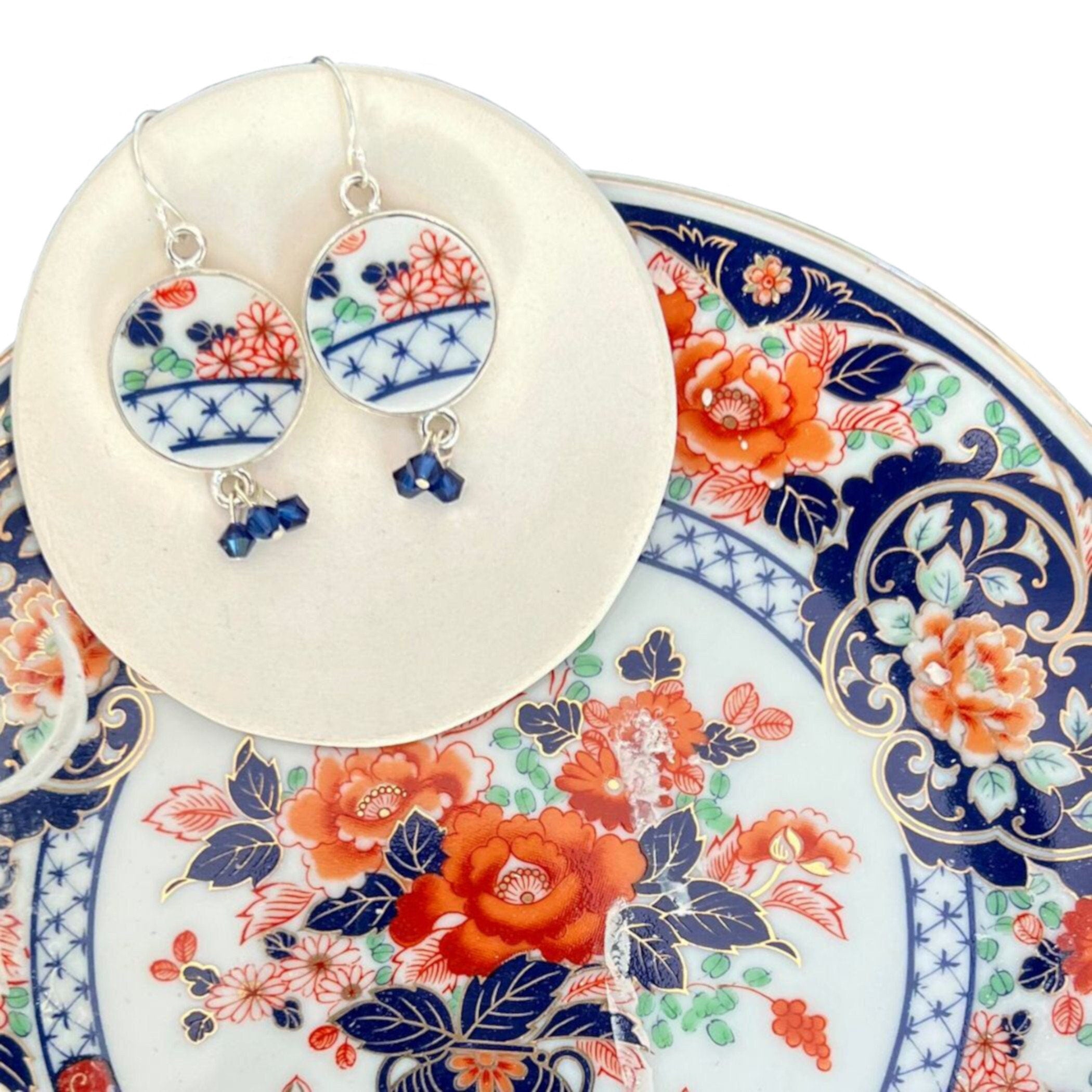 Upcycled Porcelain Earrings handmade with Vintage Japanese Imari China & Sterling Silver, Unique Asian Inspired China Jewelry Gift for Her