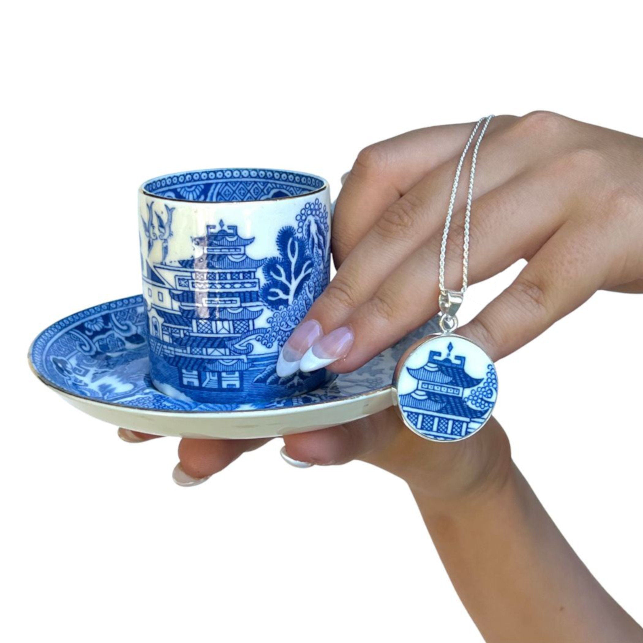 Crown Staffordshire Blue Willow China Cup & Saucer with Pagoda China Necklace