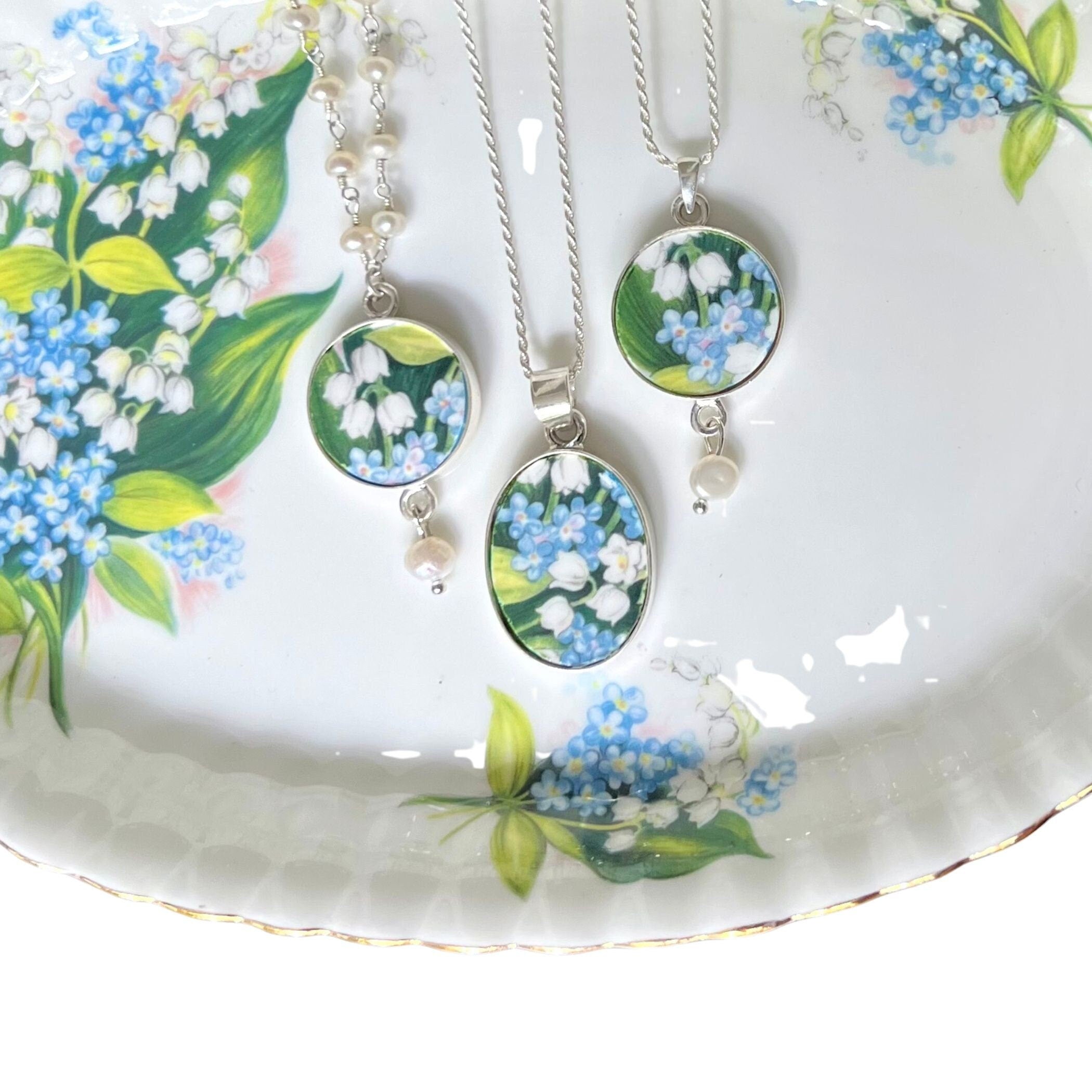 Vintage Royal Albert Broken China Jewelry with Lily of the Valley & Forget Me Not China