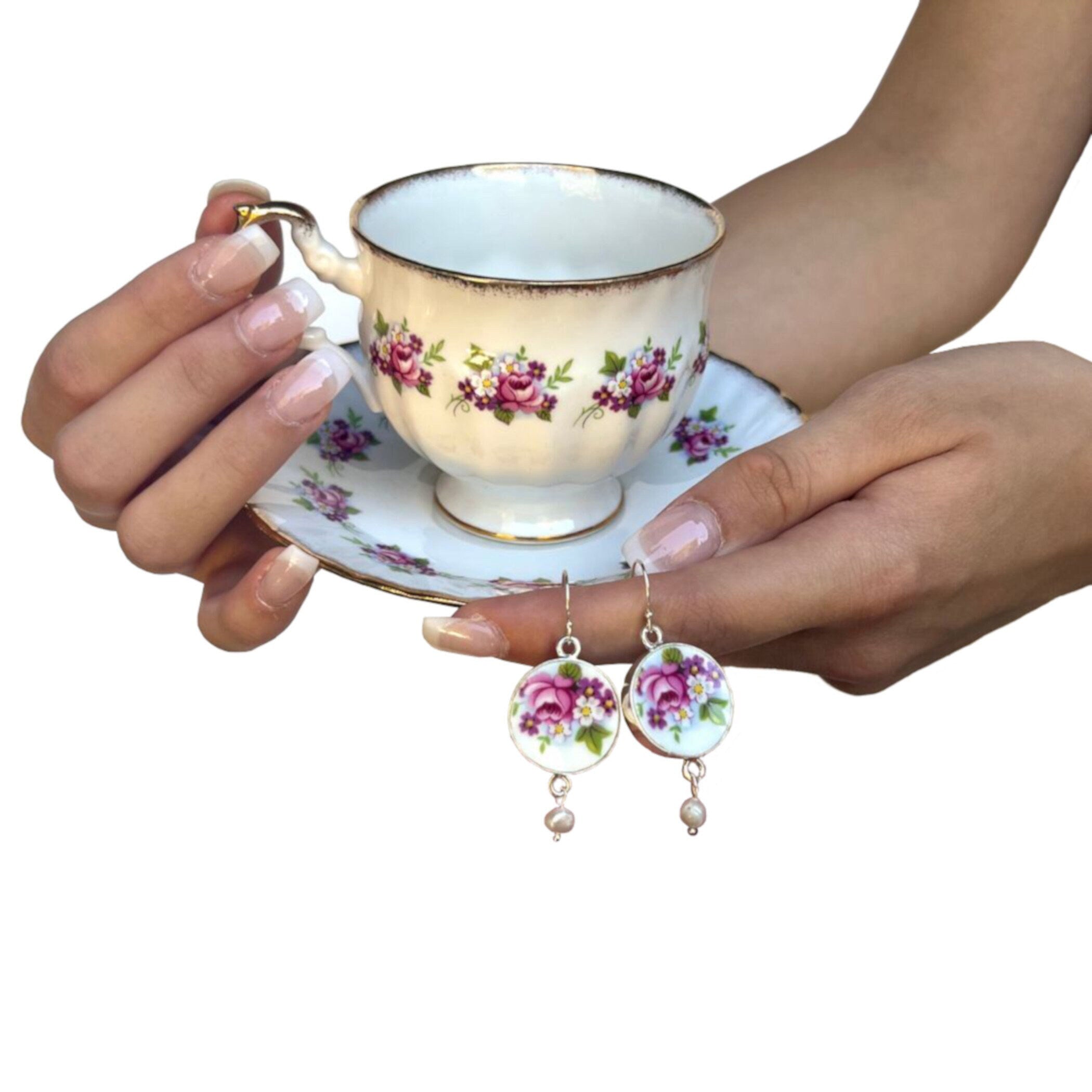 Vintage Rosina Rose Broken China Earrings & Matching Fine China Tea Cup and Saucer Set, English Tea Lover Gift Idea for 20th Anniversary