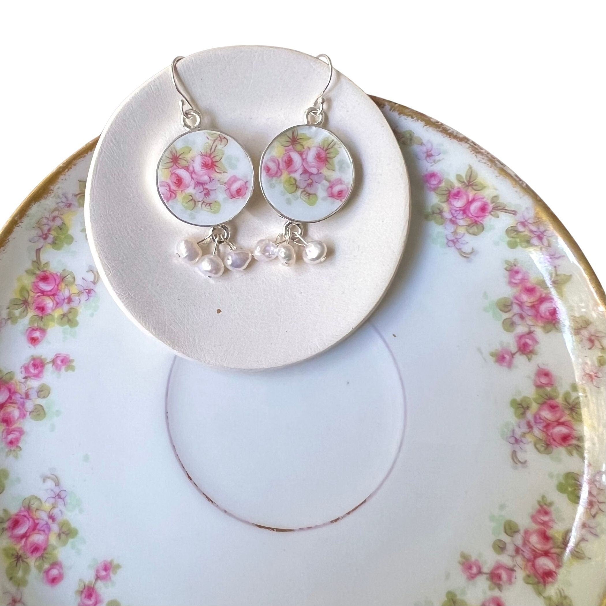 French Limoges Porcelain Dangle Earrings with Tiny White Pearls