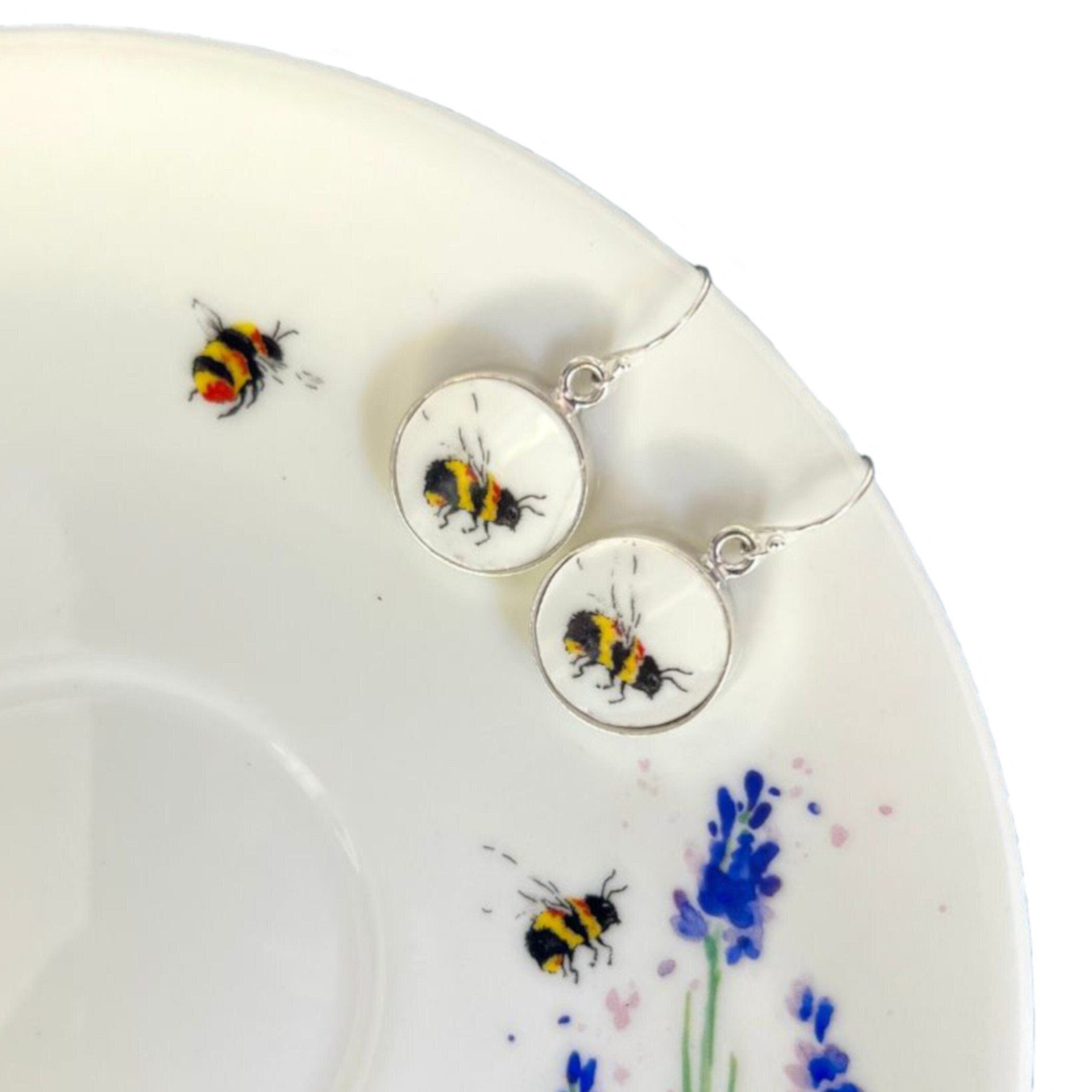 Sweet Honey Bee China Earrings with Mismatched Repurposed China & Sterling Silver