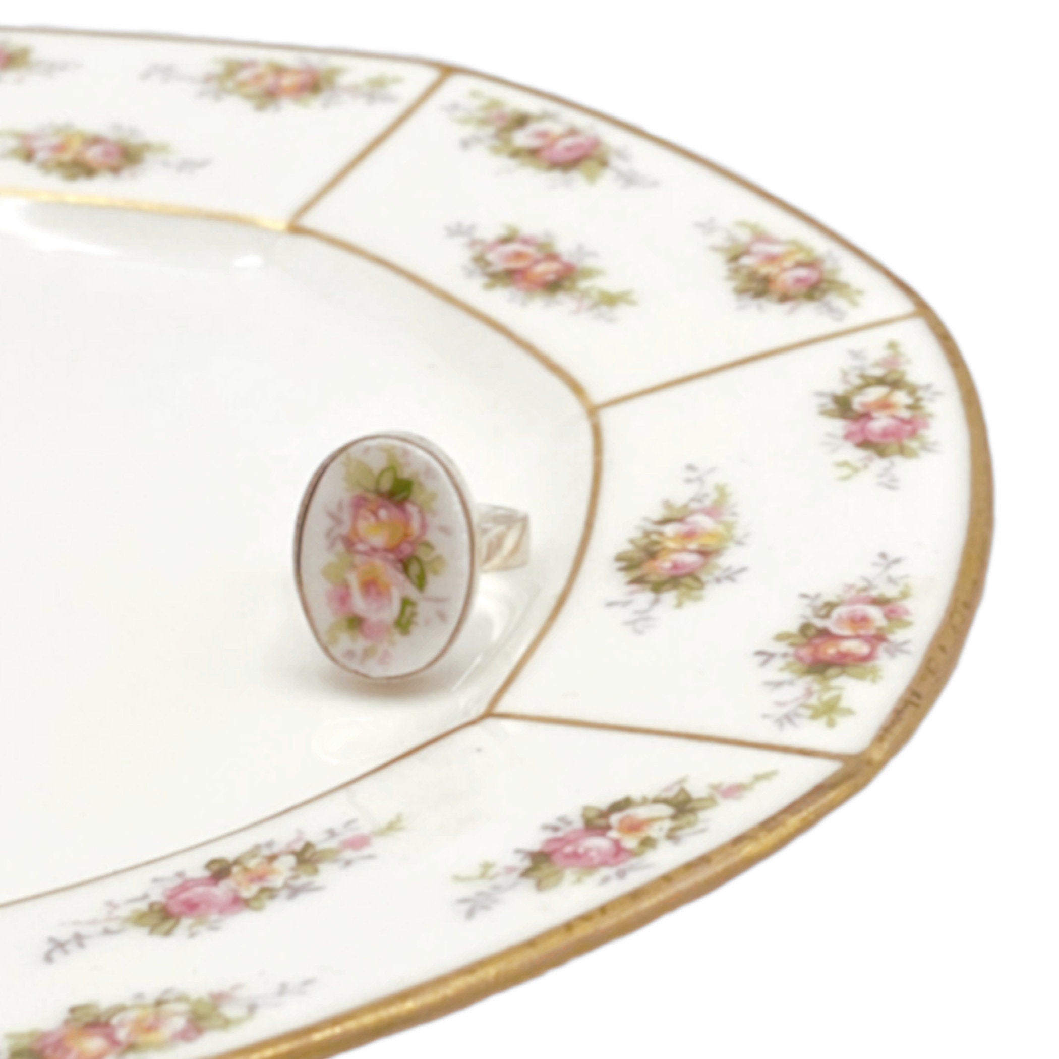 French Limoges Porcelain Adjustable Rose Ring with Handpainted Roses