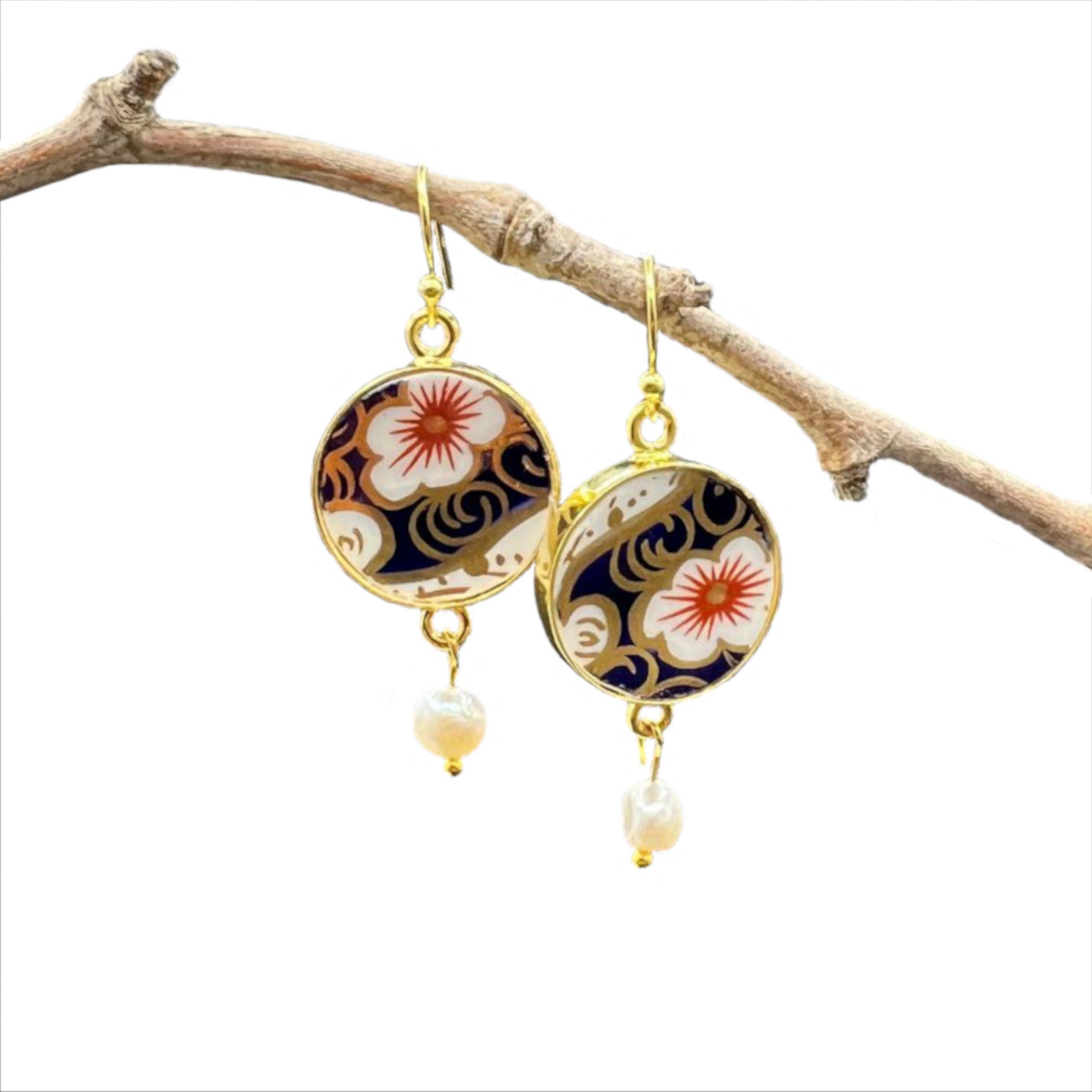 Asymmetrical Floral Royal Crown Derby Imari China Earrings