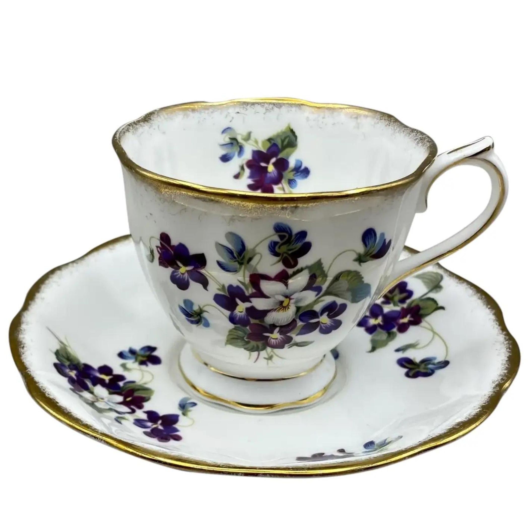 Vintage Royal Albert Violets for Love Broken China Jewelry & Fine Bone China Tea Cup and Saucer