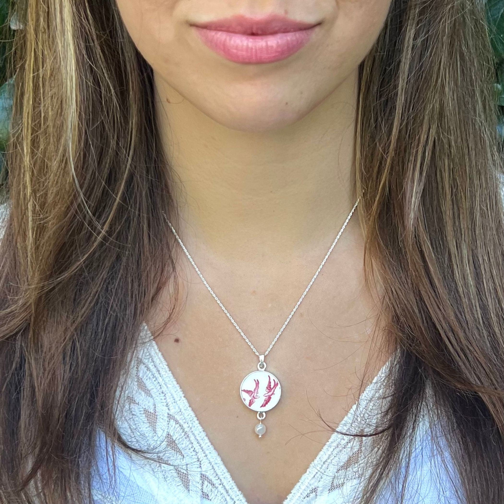 Red Love Birds China Necklace handmade with Upcycled Red Willow China