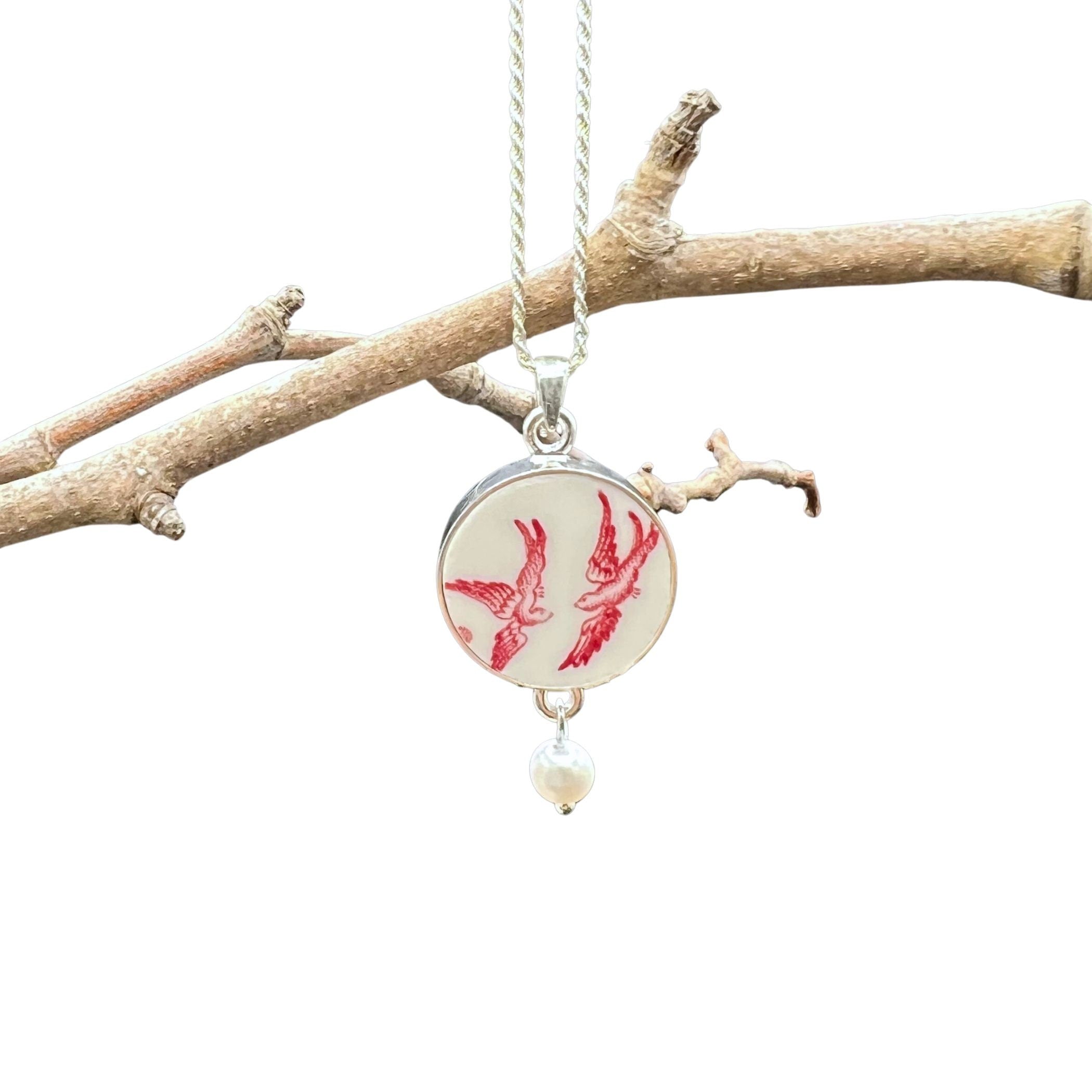 Red Love Birds China Necklace handmade with Upcycled Red Willow China