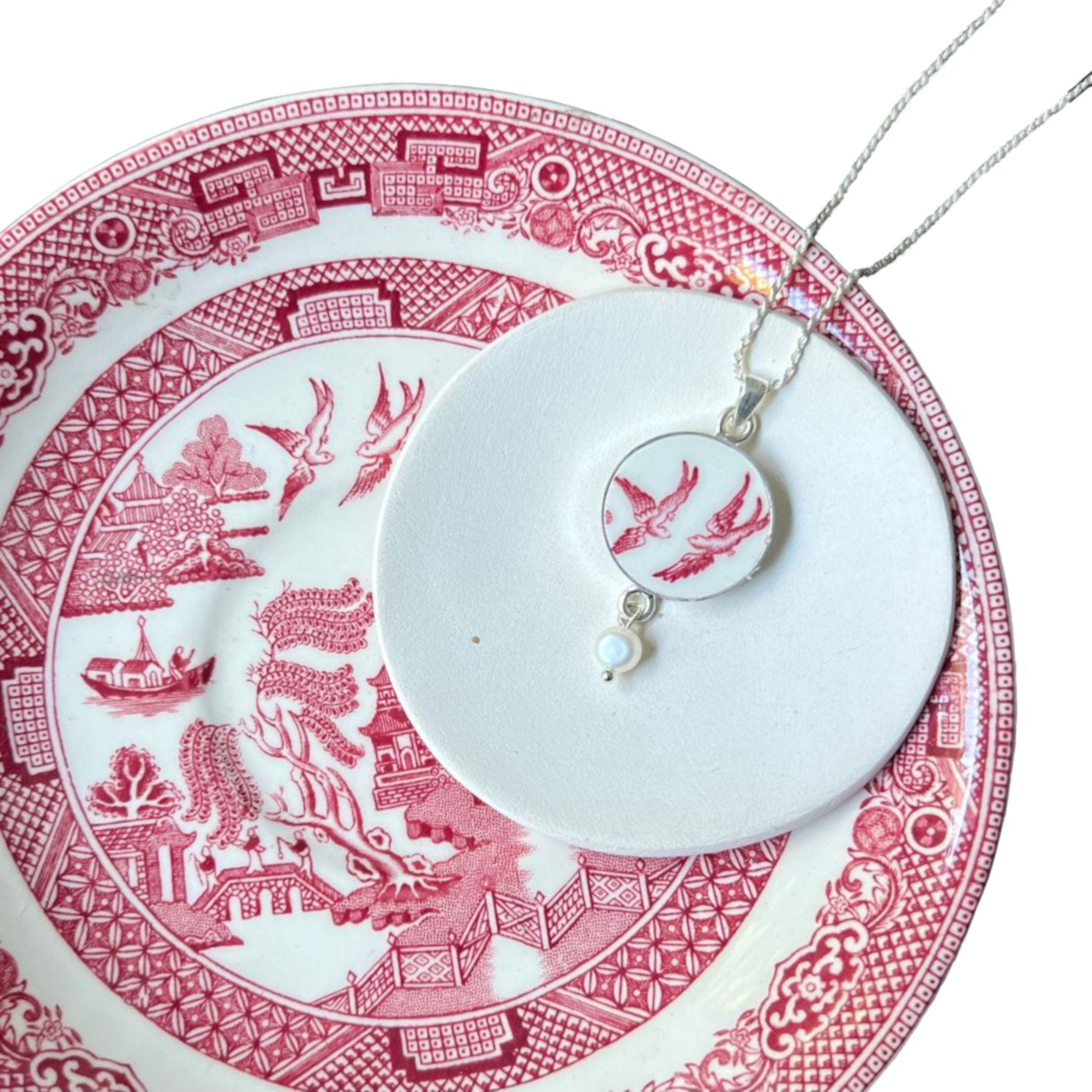 Red Love Birds China Necklace handmade with Upcycled Red Willow China