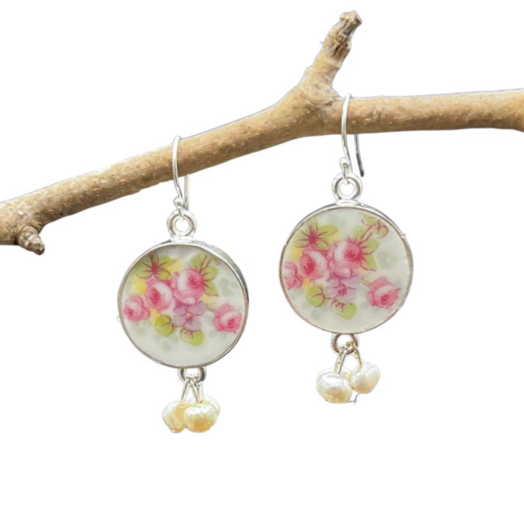 French Limoges Porcelain Dangle Earrings with Tiny White Pearls