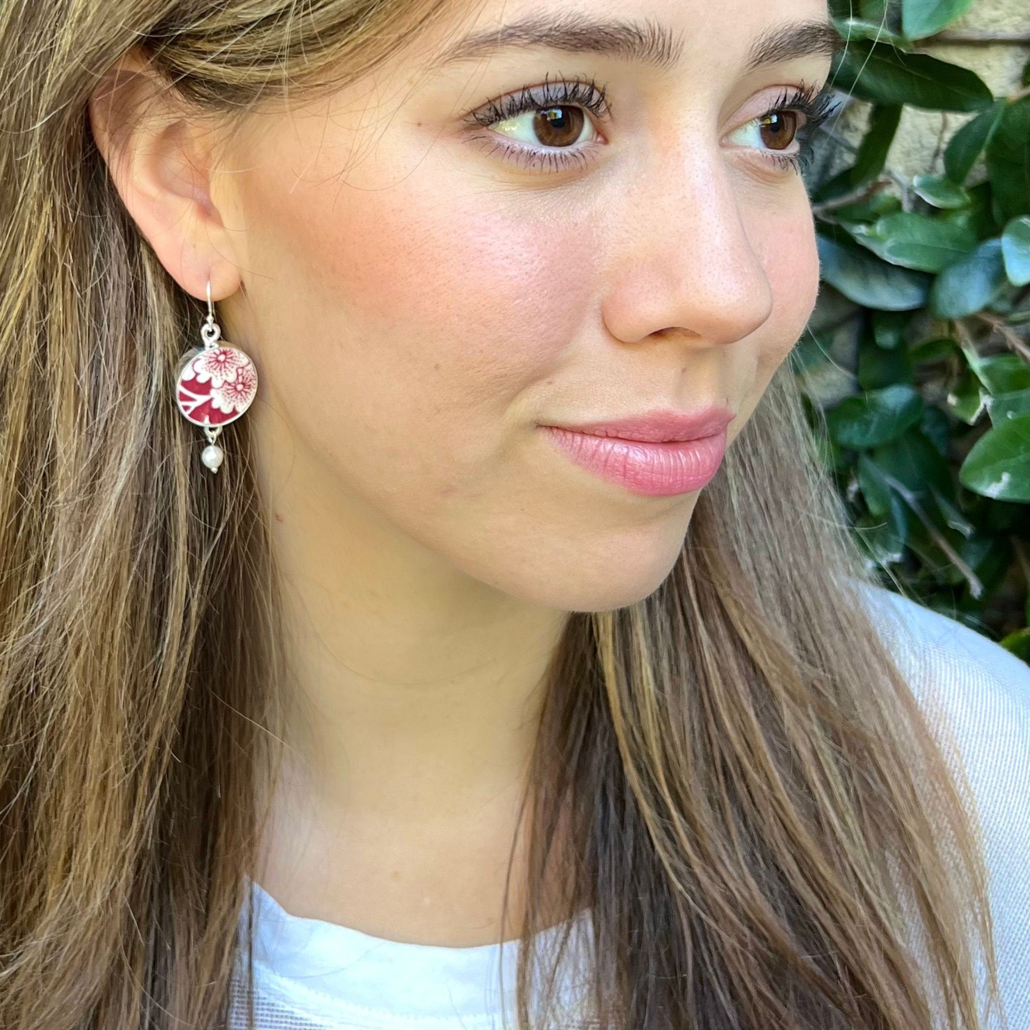 Vintage Red Calico China Earrings with Mismatched Red and White Flowers