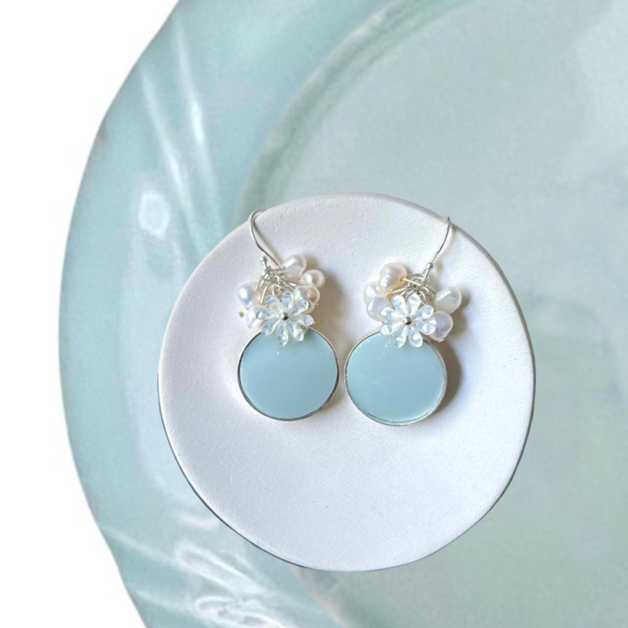 Dainty Celadon Porcelain Earrings handmade with Vintage Japanese Porcelain