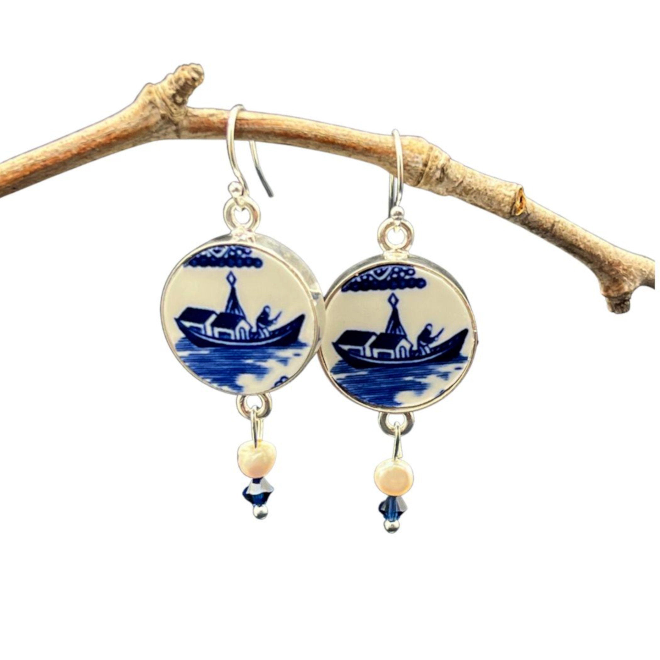 Vintage Blue Willow China Earrings, Unique Nautical Sail Boat Jewelry