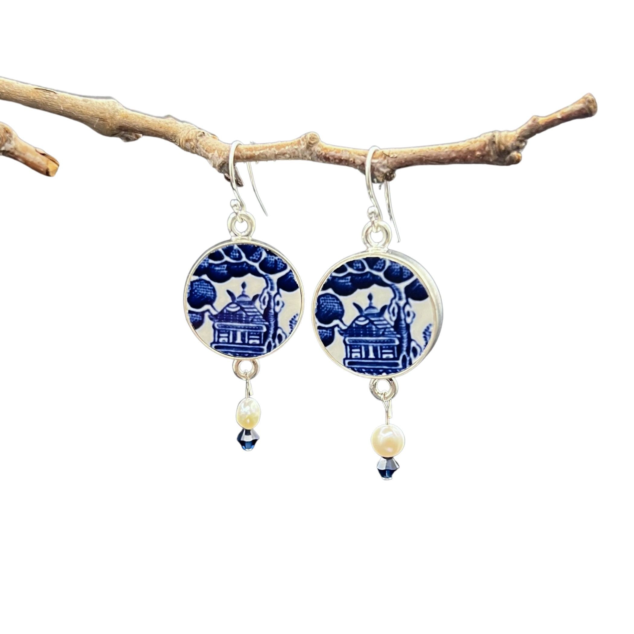 Blue Willow China Pagoda Earrings with Vintage Blue and White Porcelain