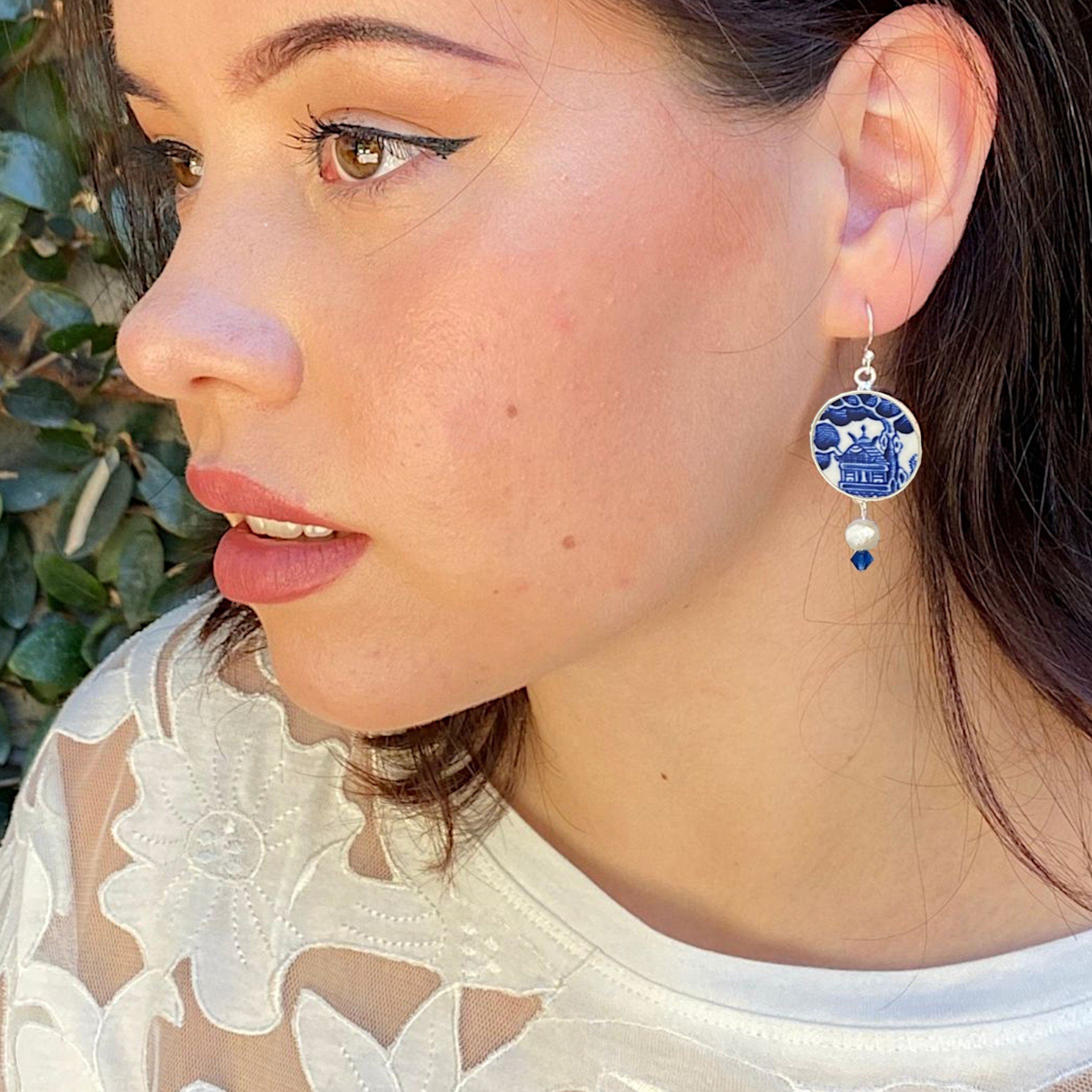 Blue Willow China Pagoda Earrings with Vintage Blue and White Porcelain