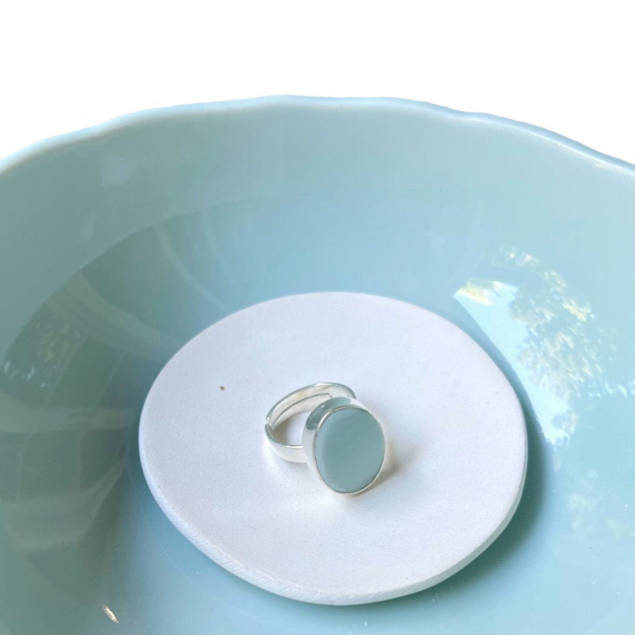 Celadon Porcelain Oval Adjustable Ring handmade with Repurposed China