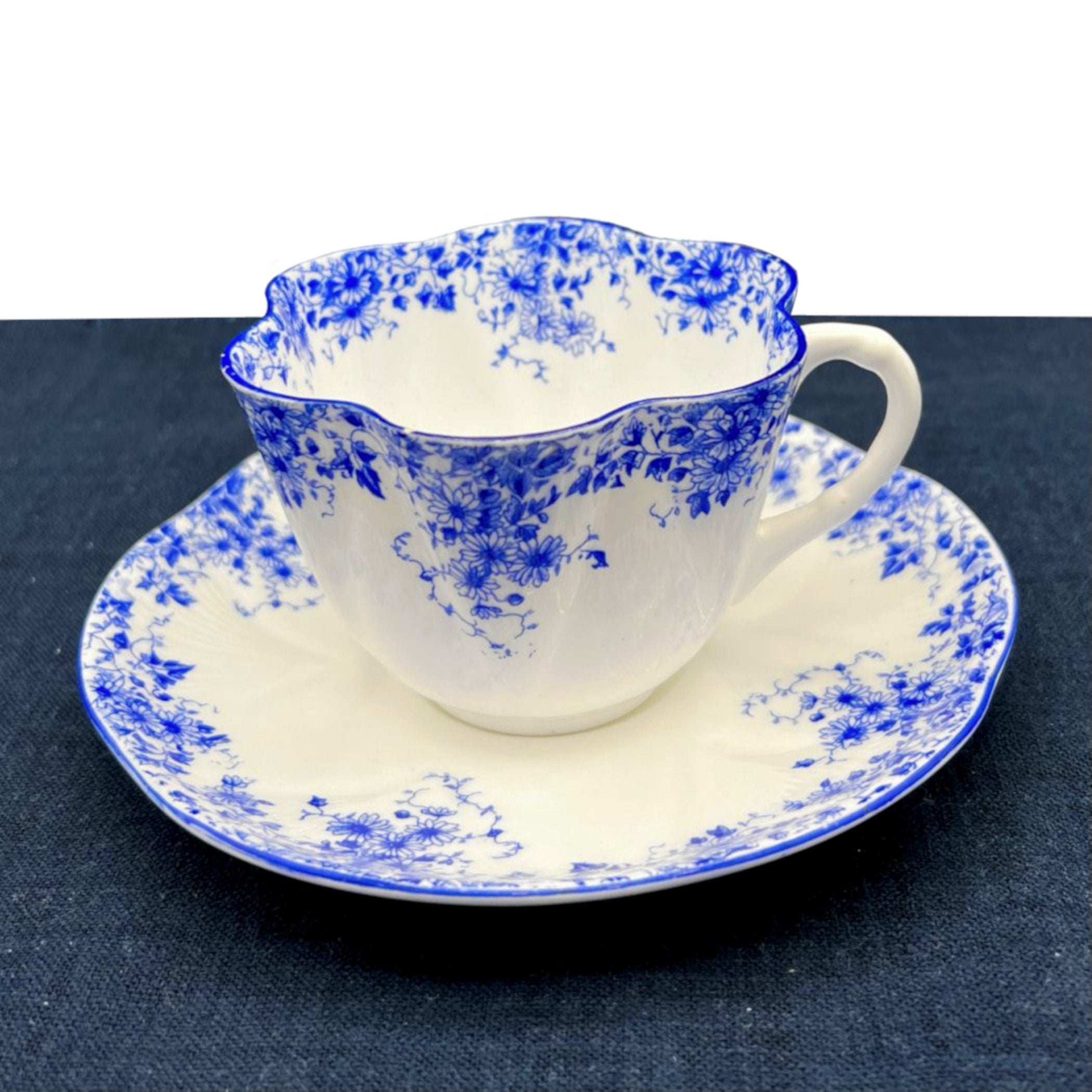 Vintage Dainty Blue Shelley Broken China Jewelry & China Tea Cup and Saucer Set