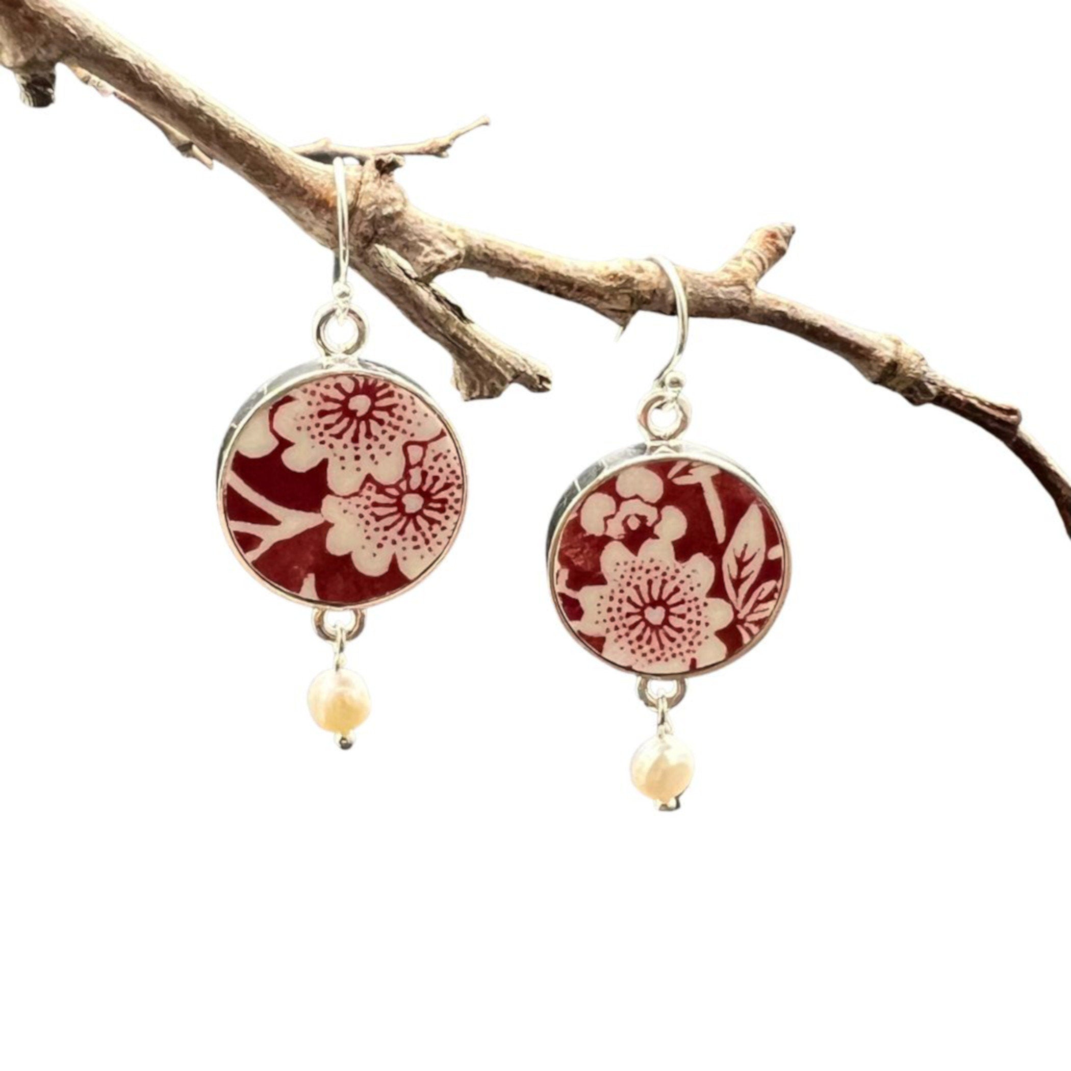 Vintage Red Calico China Earrings with Mismatched Red and White Flowers