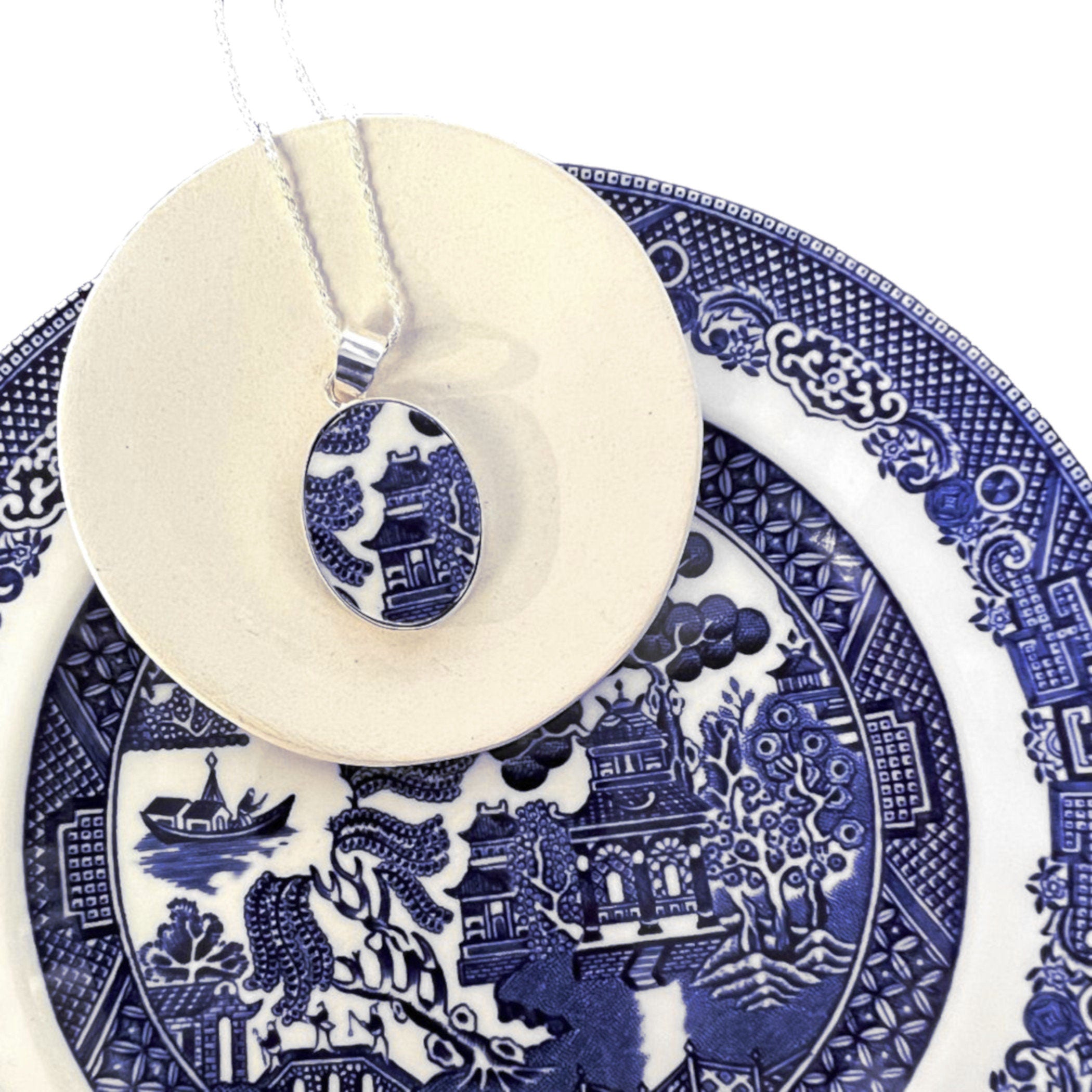 Japanese Pagoda Statement Necklace upcycled with Blue Willow China