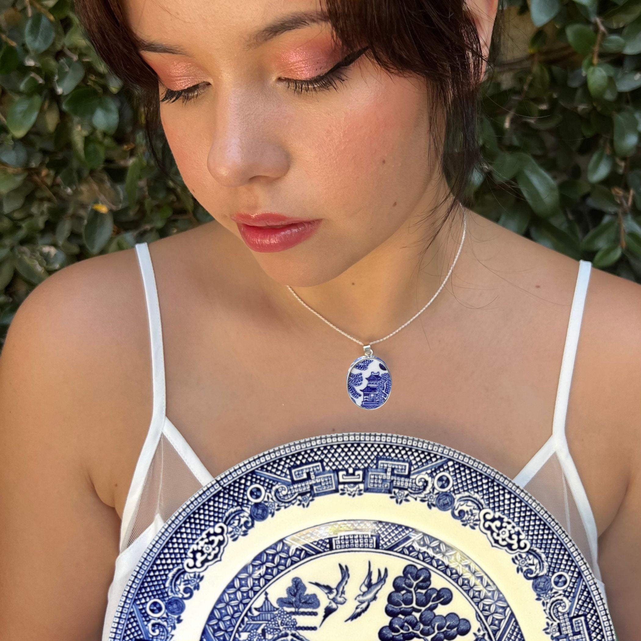 Japanese Pagoda Statement Necklace upcycled with Blue Willow China