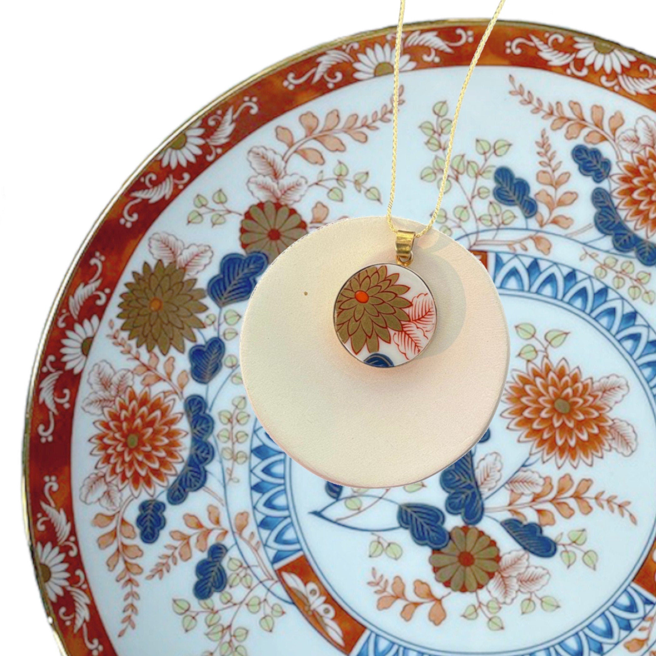 Japanese Gold Flower Porcelain Necklace handmade with Bold Vintage Imari China