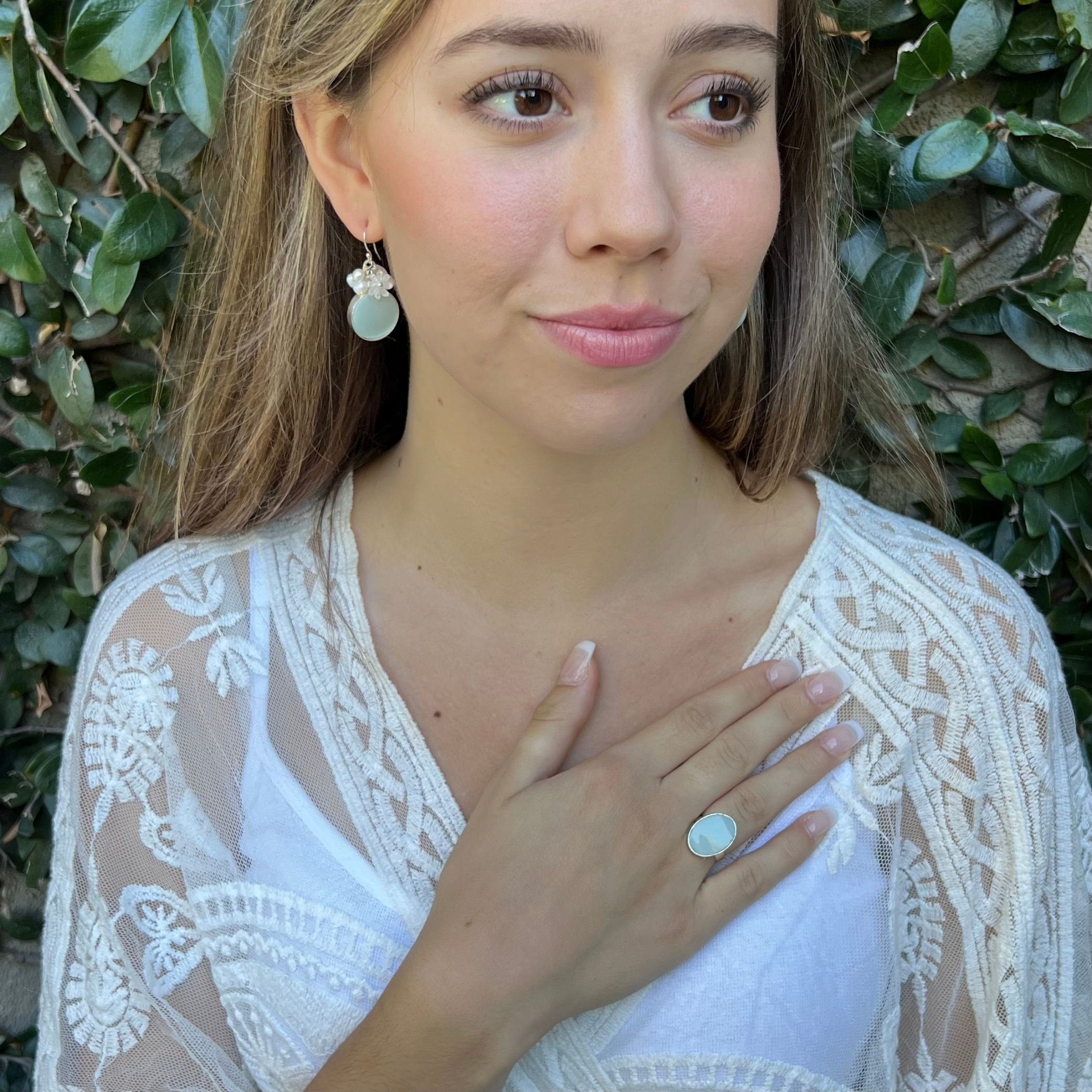 Celadon Porcelain Oval Adjustable Ring handmade with Repurposed China