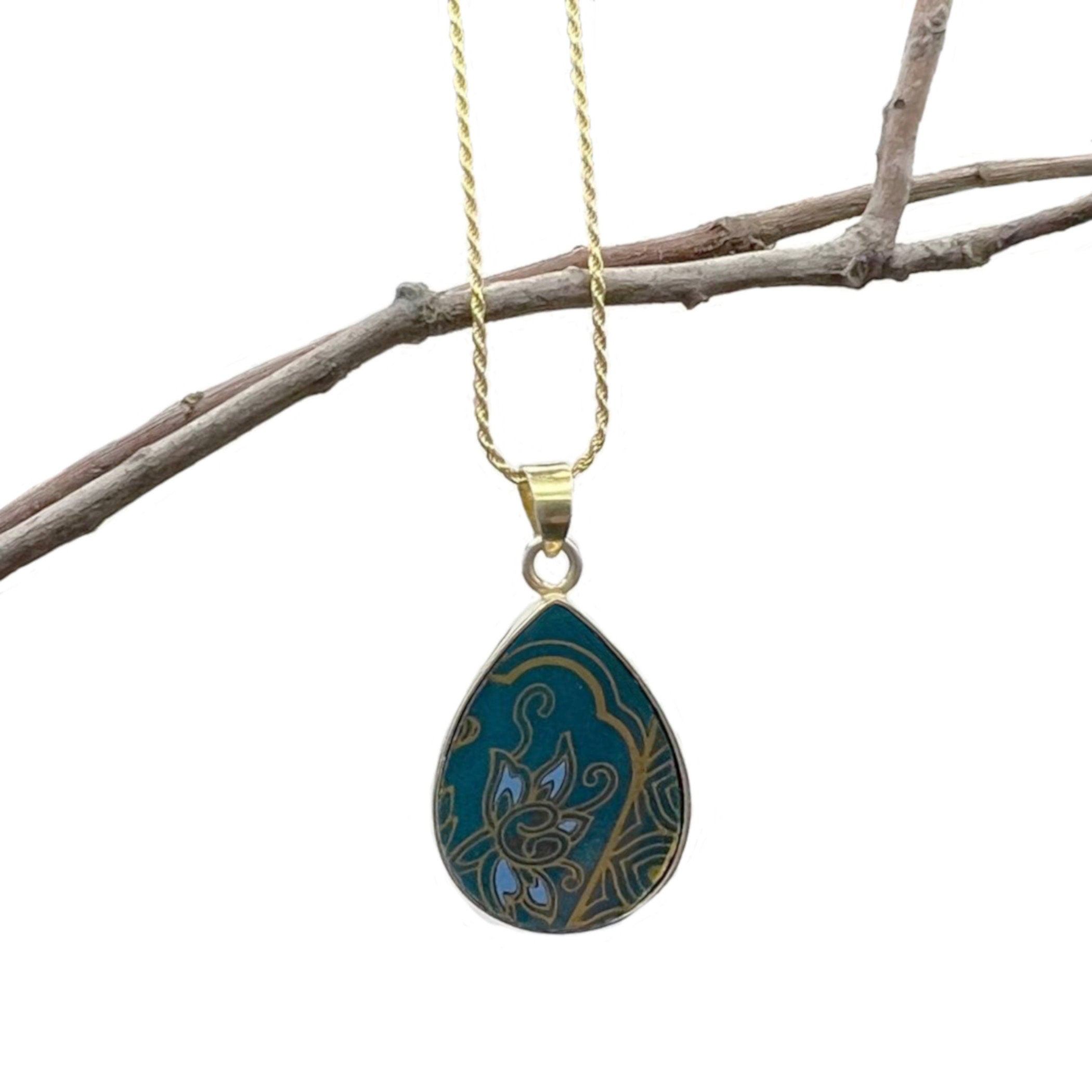 Gold and Teal Porcelain Necklace with Upcycled Royal Doulton China Teardrop Pendant