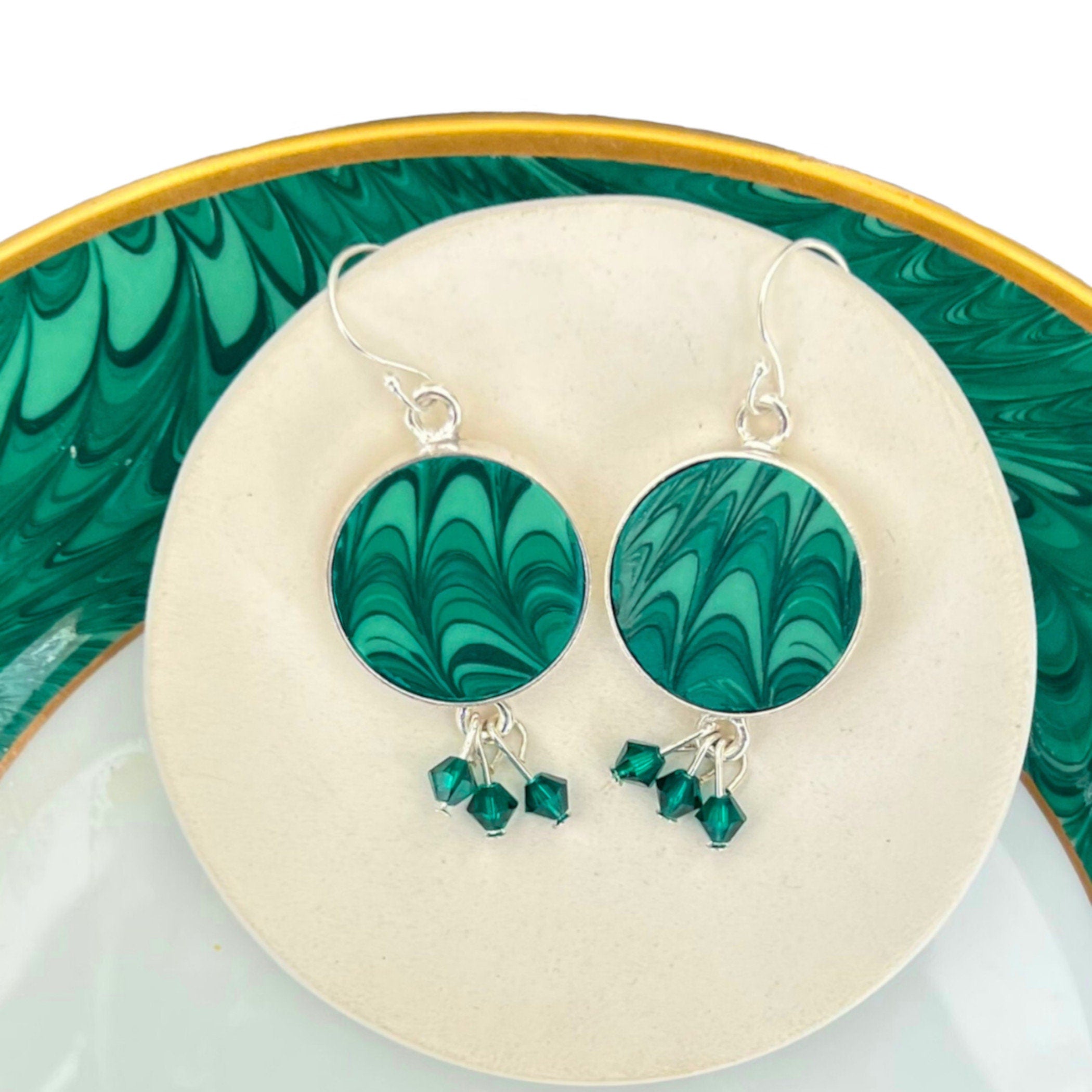 Upcycled Emerald Green China Earrings handmade from a Marble China Plate