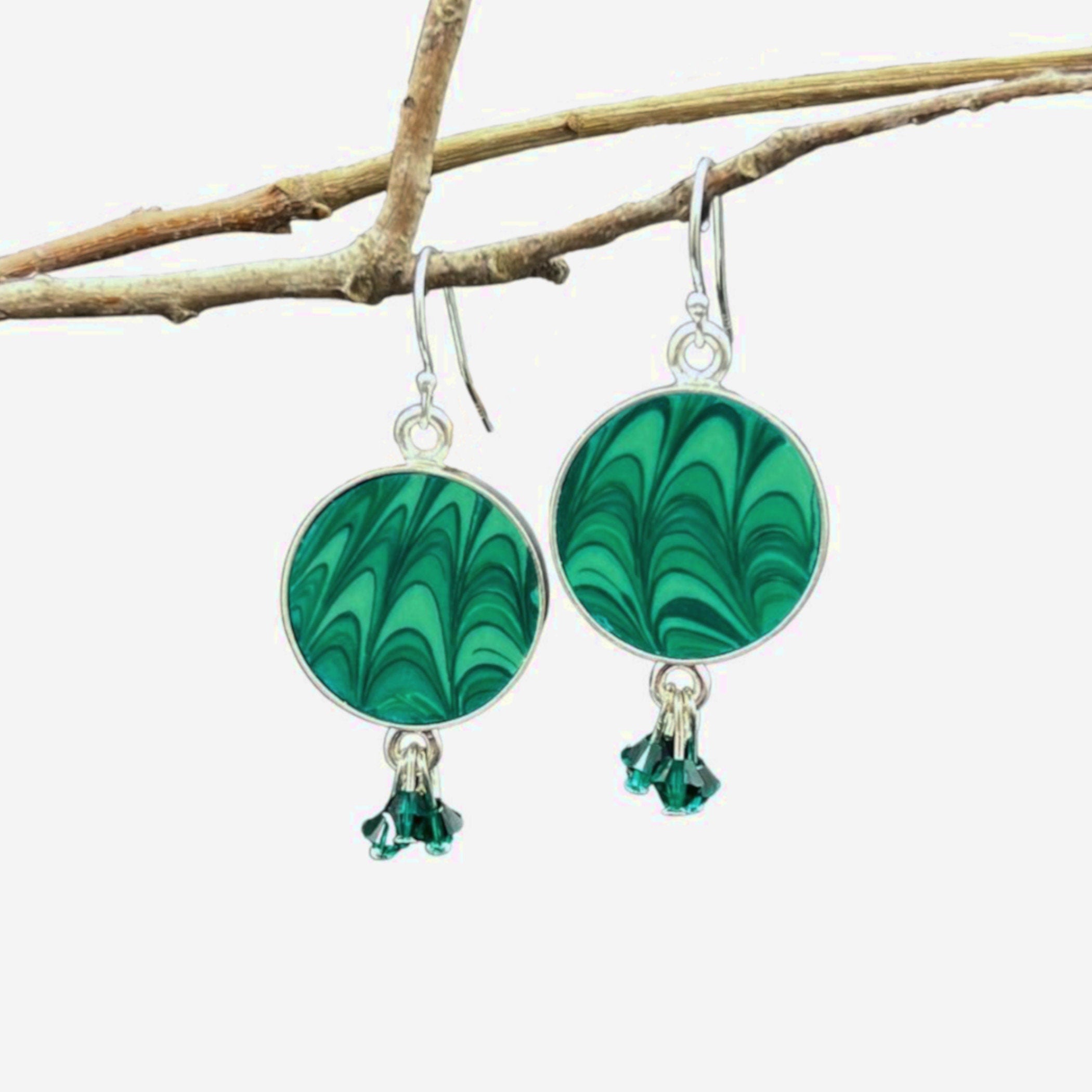 Upcycled Emerald Green China Earrings handmade from a Marble China Plate