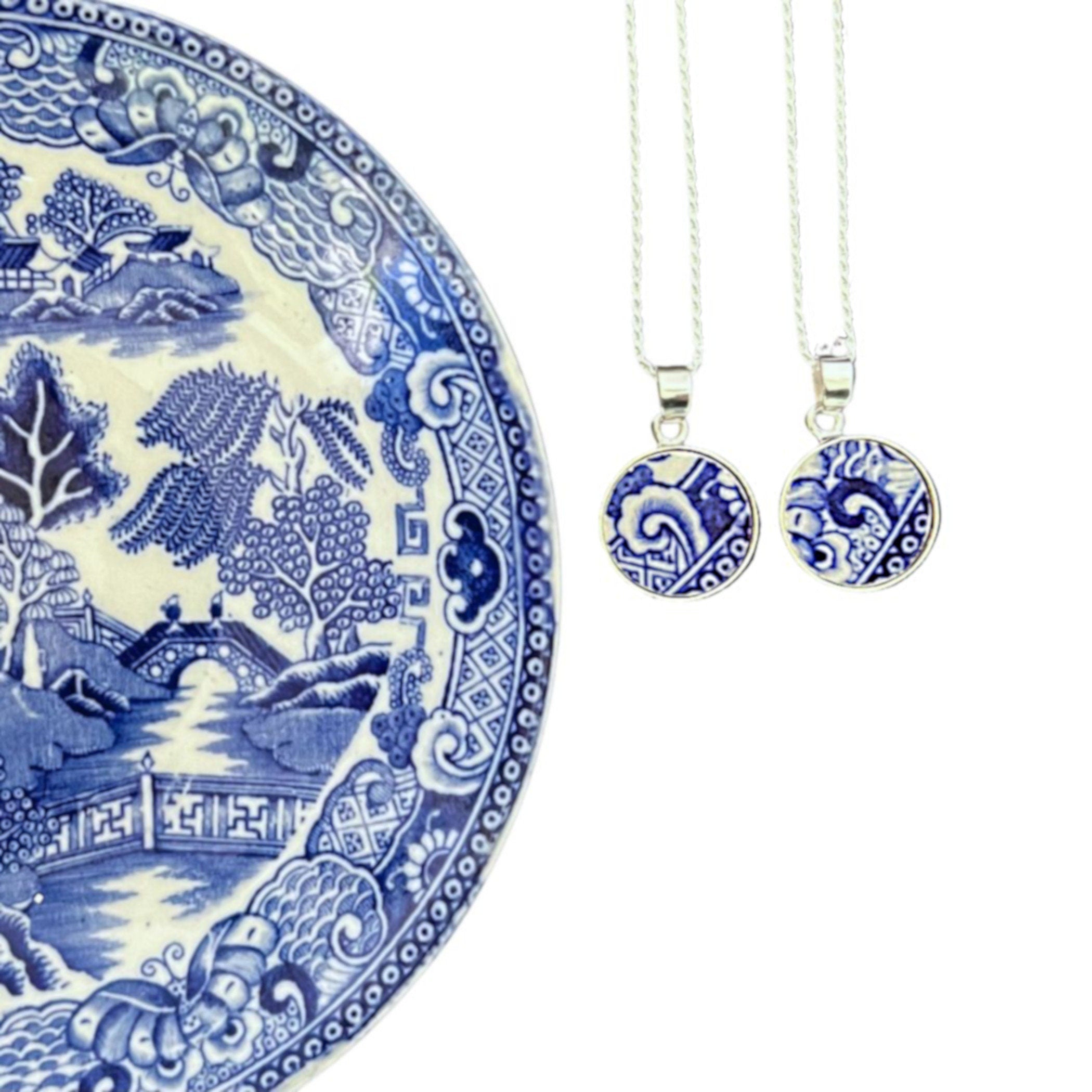 Small Vintage Blue Willow China Necklace handmade from Repurposed China