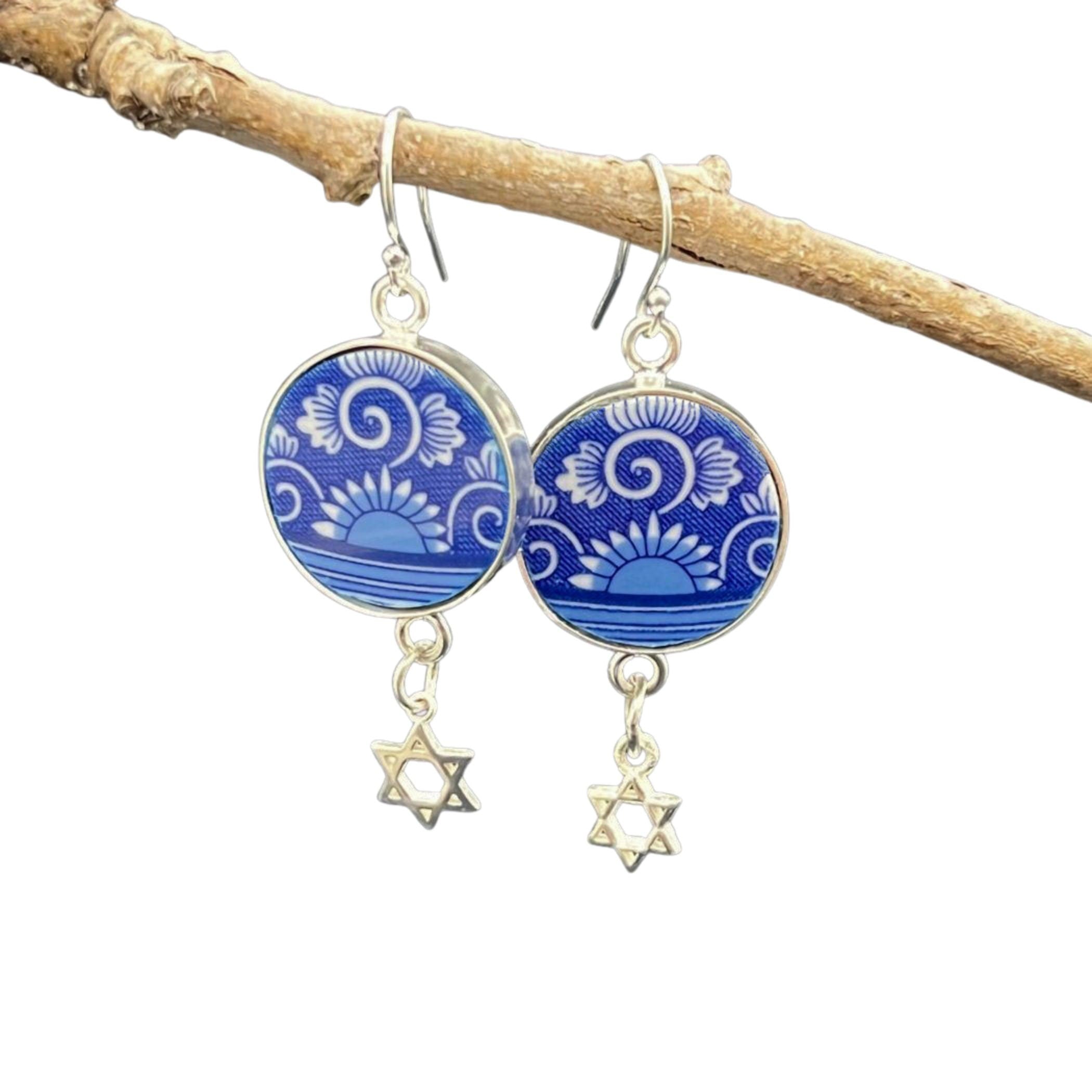 Jewish Star of David Earrings handmade from a Spode Judaica China Plate