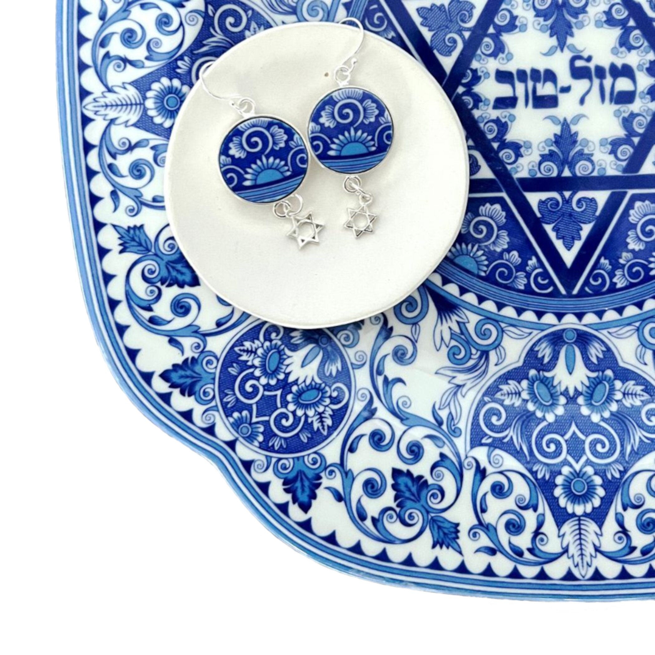 Jewish Star of David Earrings handmade from a Spode Judaica China Plate