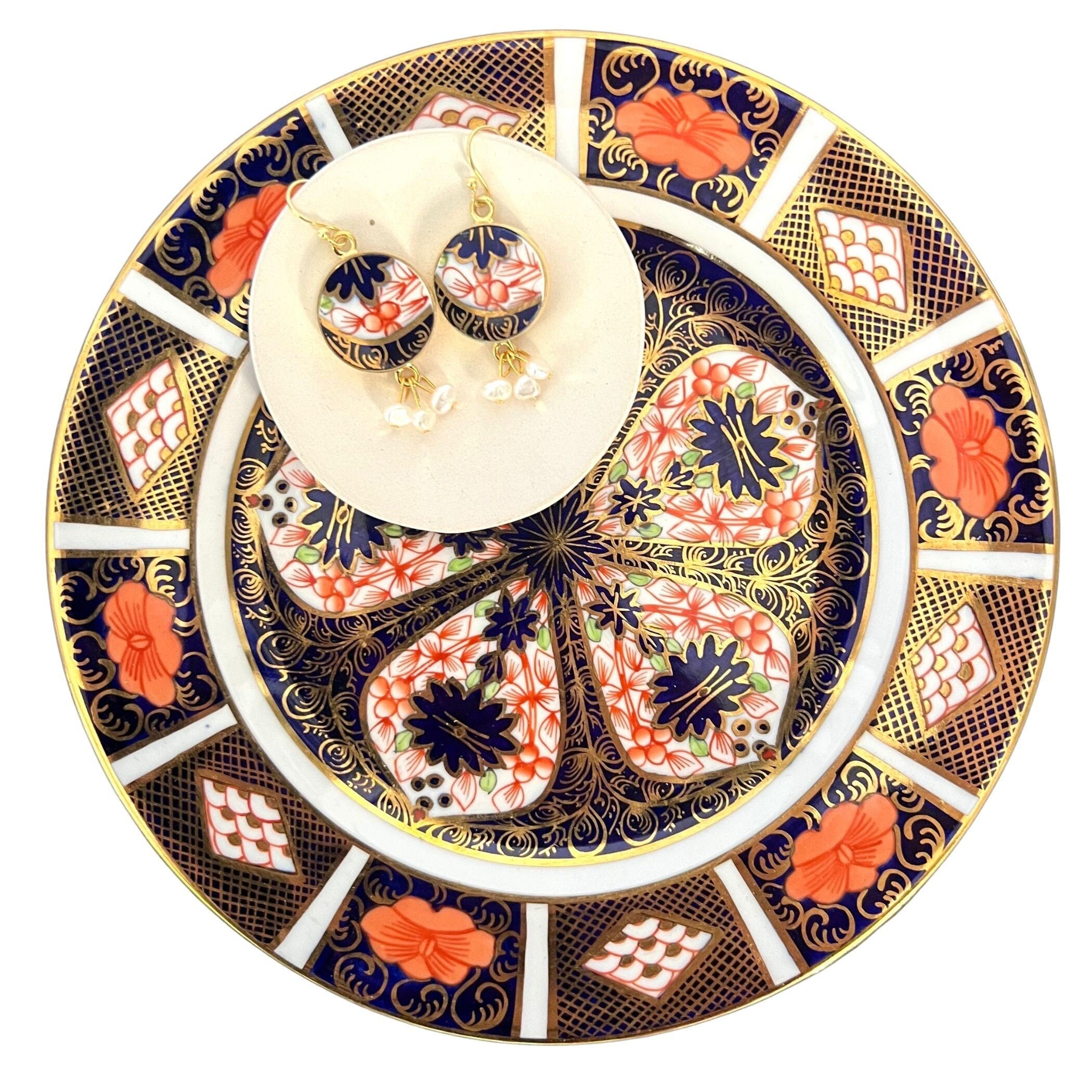 Royal Crown Derby Imari Porcelain Earrings handmade from an Old Imari Plate