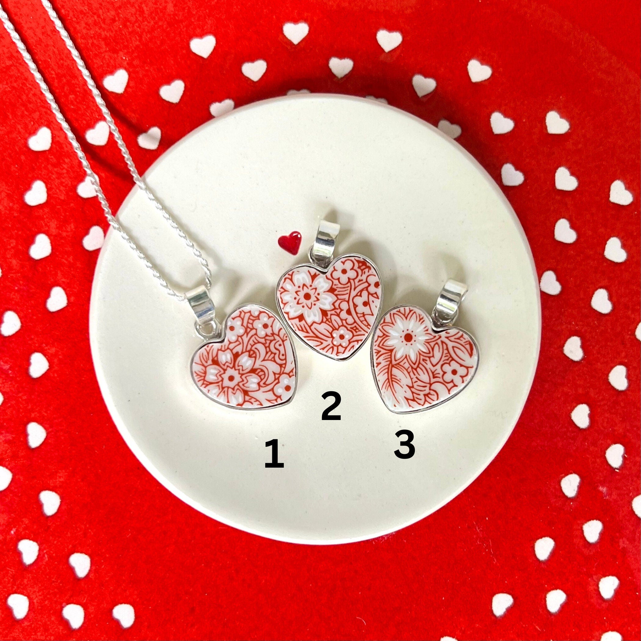 Red Floral Heart Necklace Upcycled from Vintage China