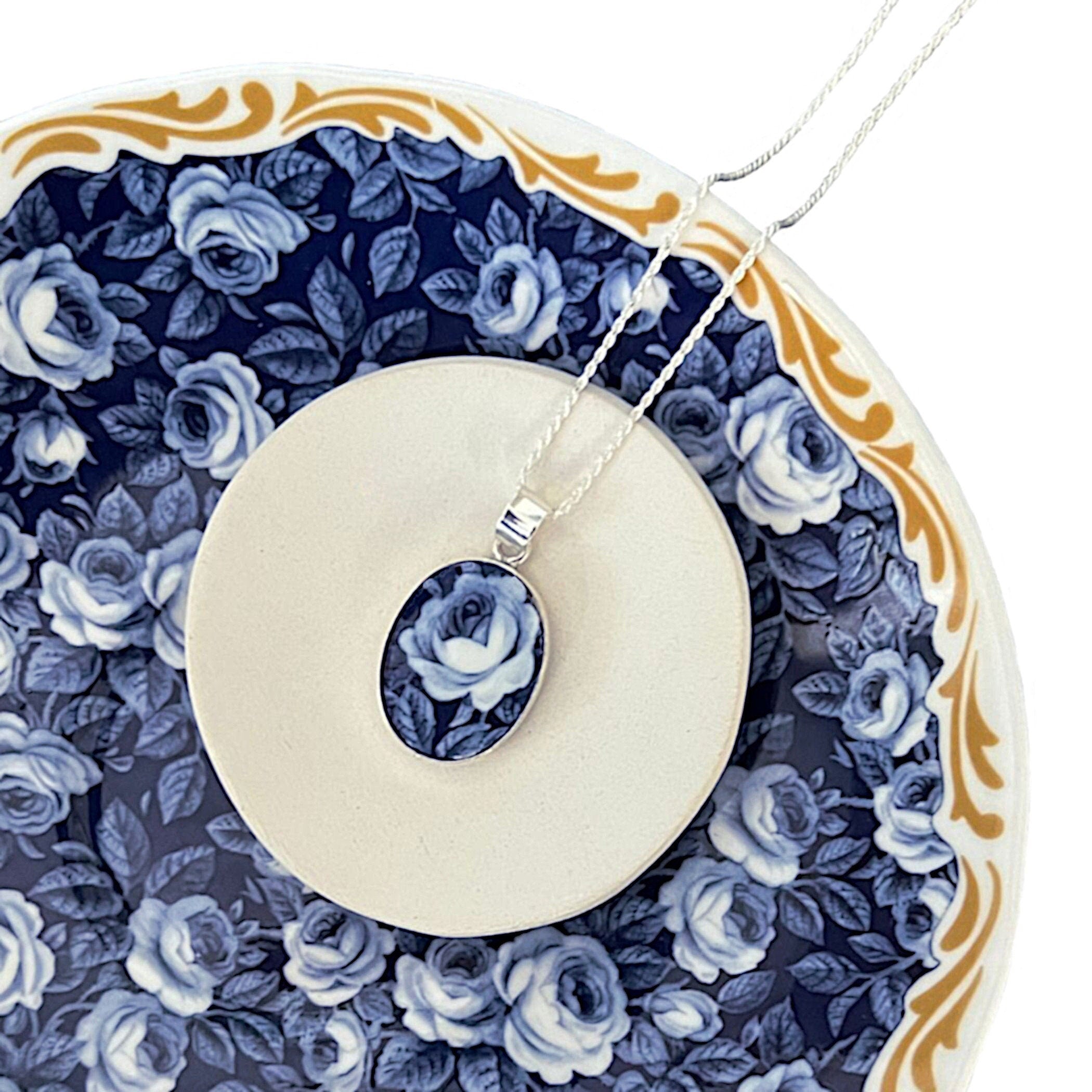 Elegant Blue Rose Statement Porcelain Necklace handmade with Repurposed China