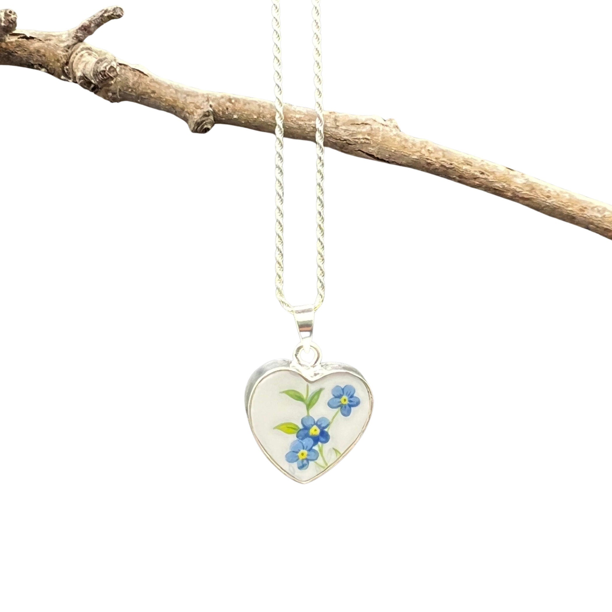 Dainty Forget Me Not Heart China Necklace handmade with Upcycled Porcelain Blue Flower Pendant, Vintage Broken China Jewelry Gift for Her