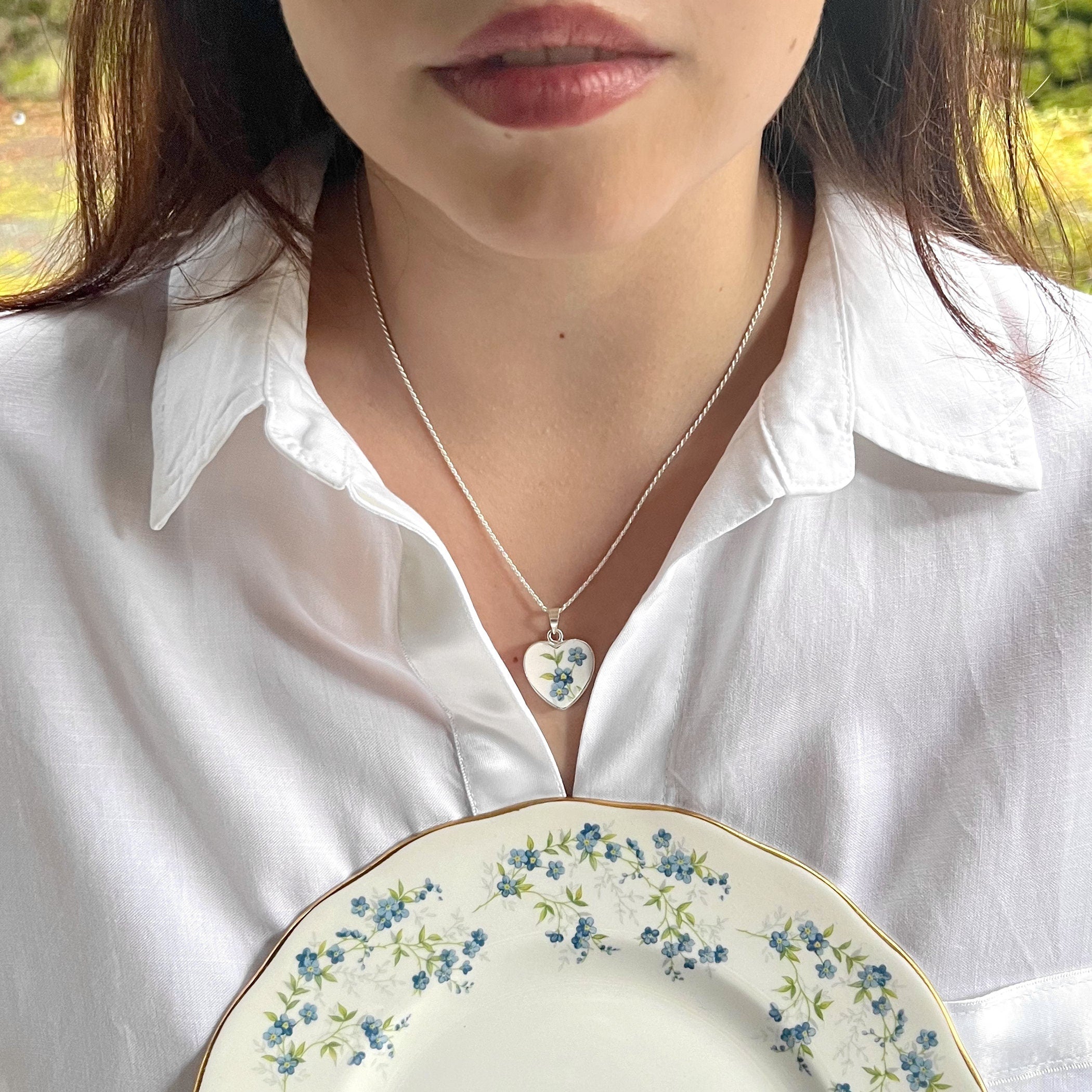 Dainty Forget Me Not Heart China Necklace handmade with Upcycled Porcelain Blue Flower Pendant, Vintage Broken China Jewelry Gift for Her